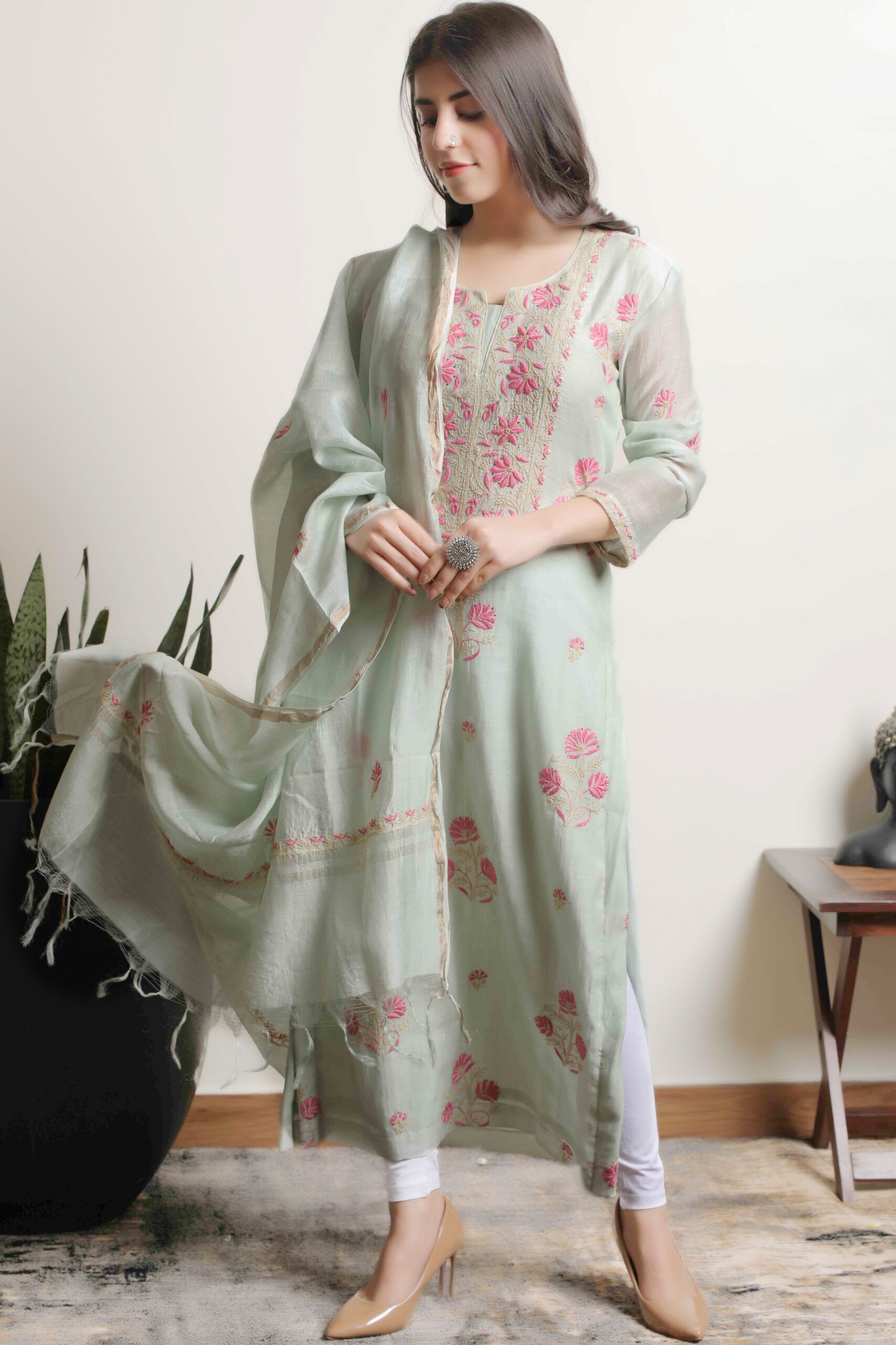 Srajann Hand Embroidered Beige Mul Chanderi Lucknowi Chikankari Unstitched Kurta Dupatta Set: A sophisticated ensemble showcasing intricate Lucknowi Chikankari embroidery on beige Mul Chanderi fabric