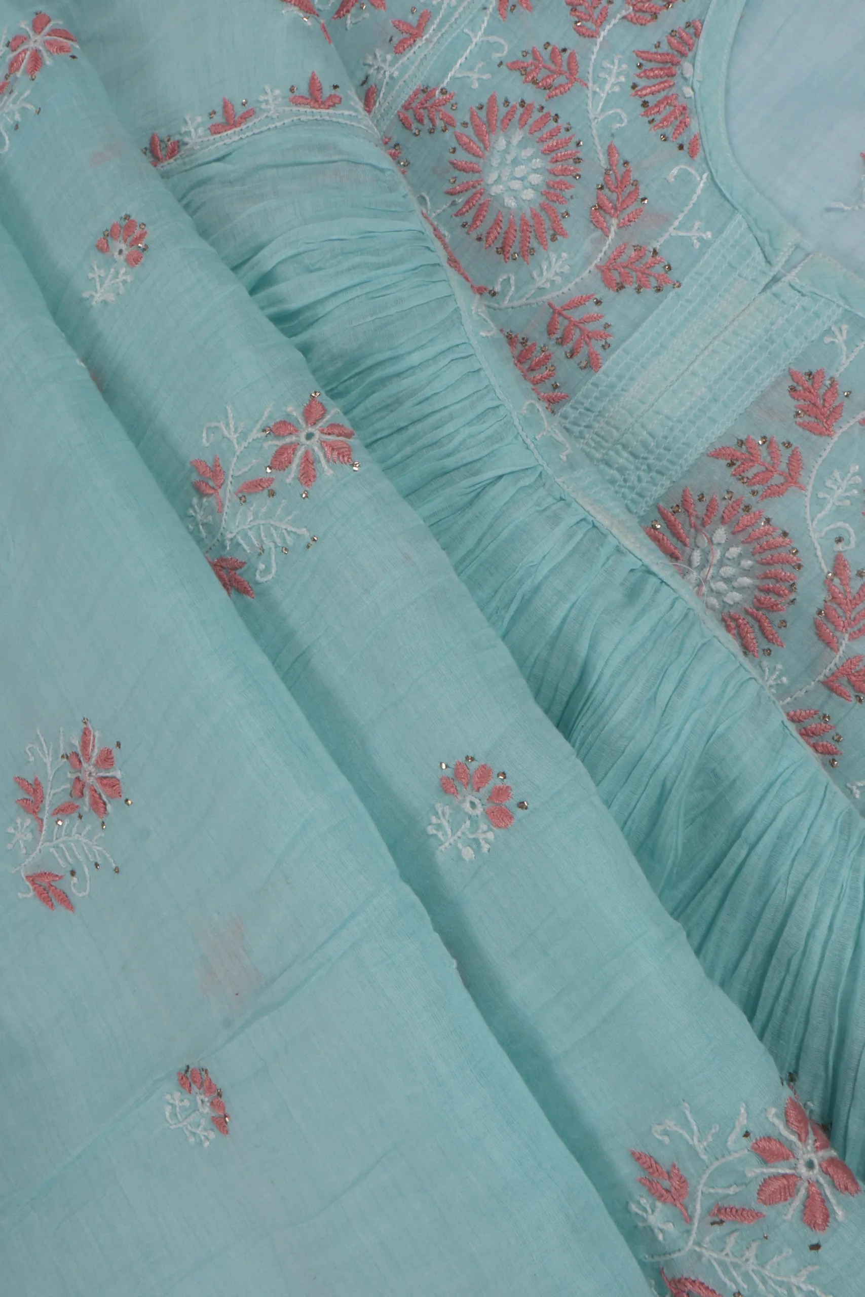 Srajann Hand Embroided Blue Mul Chanderi Lucknowi Chikankari Unstitched Kurta Dupatta Set