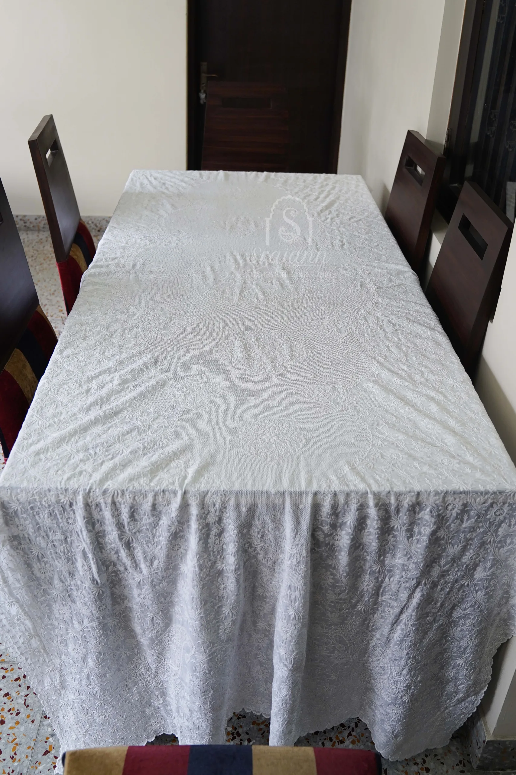 Srajann Hand Embroidered White Cotton Lucknowi Chikankari Dinning Table Cover (SLC3668) (1) Hand Embroidered White Cotton Lucknowi Chikankari Dinning Table Cover