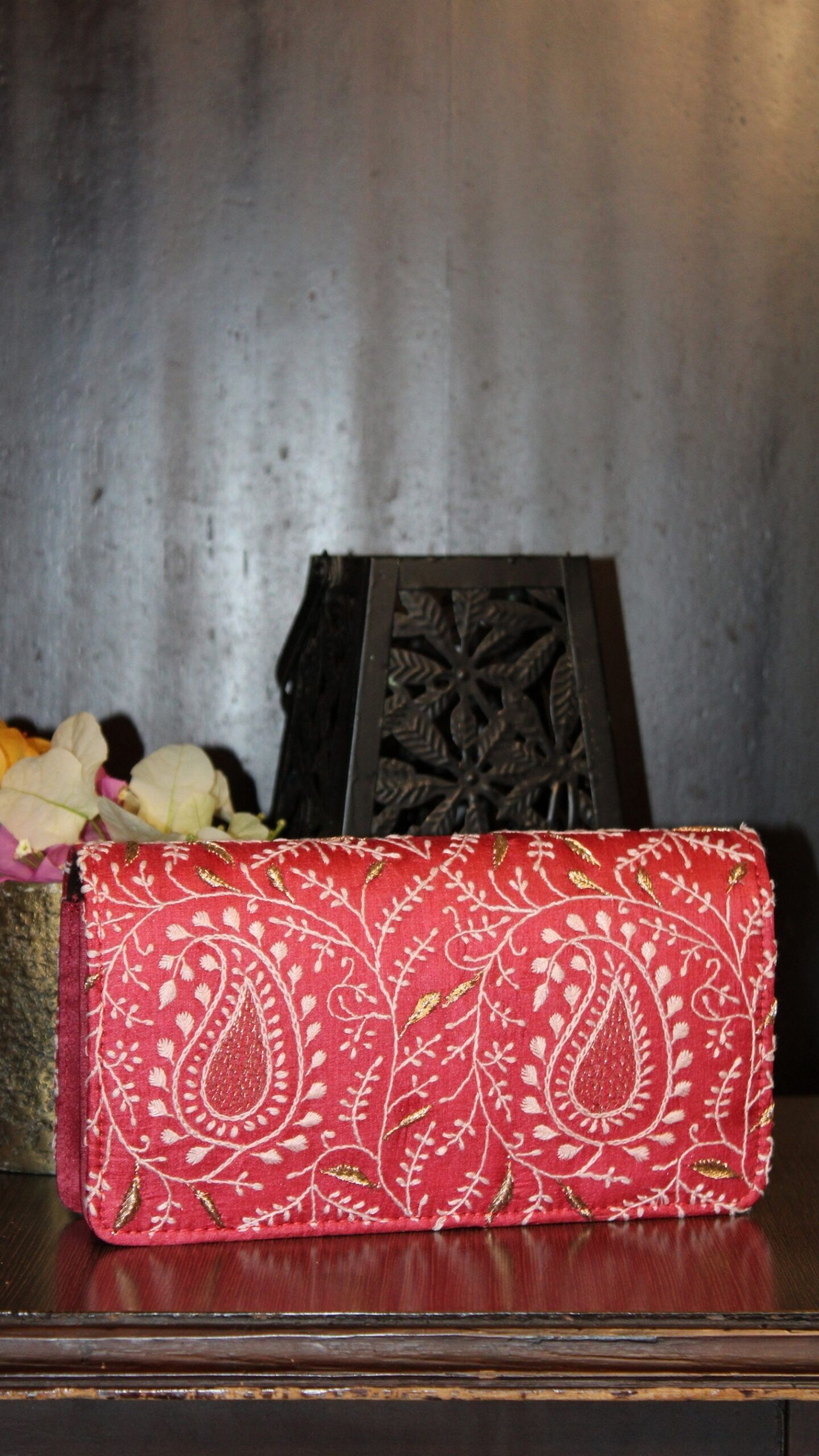 crimson red chikankari clutch