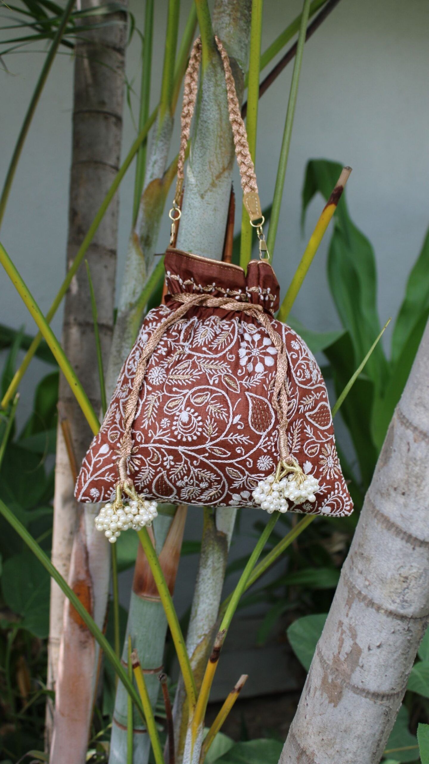 brown chikankari potli
