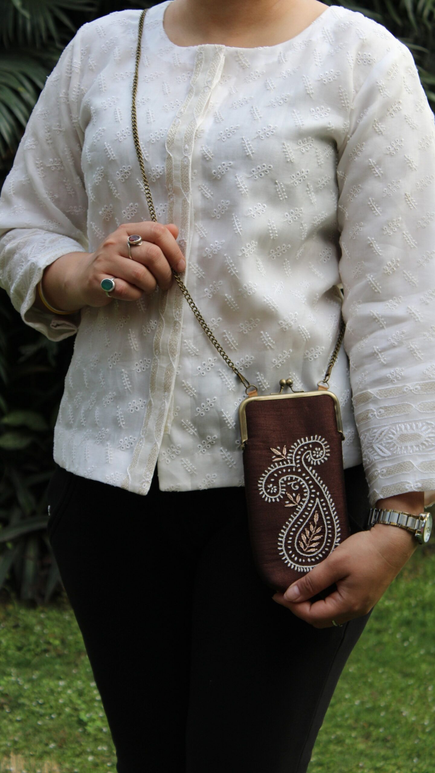 bronze chikankari mobile pouch