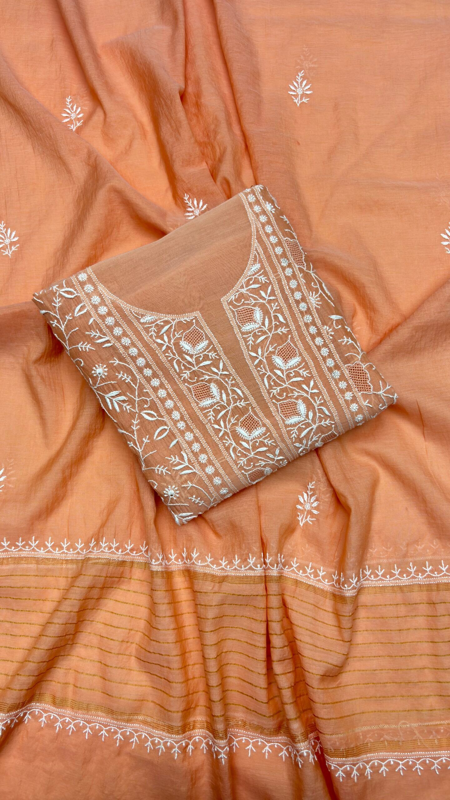 peachish orange chanderi mul chikankari fabric set