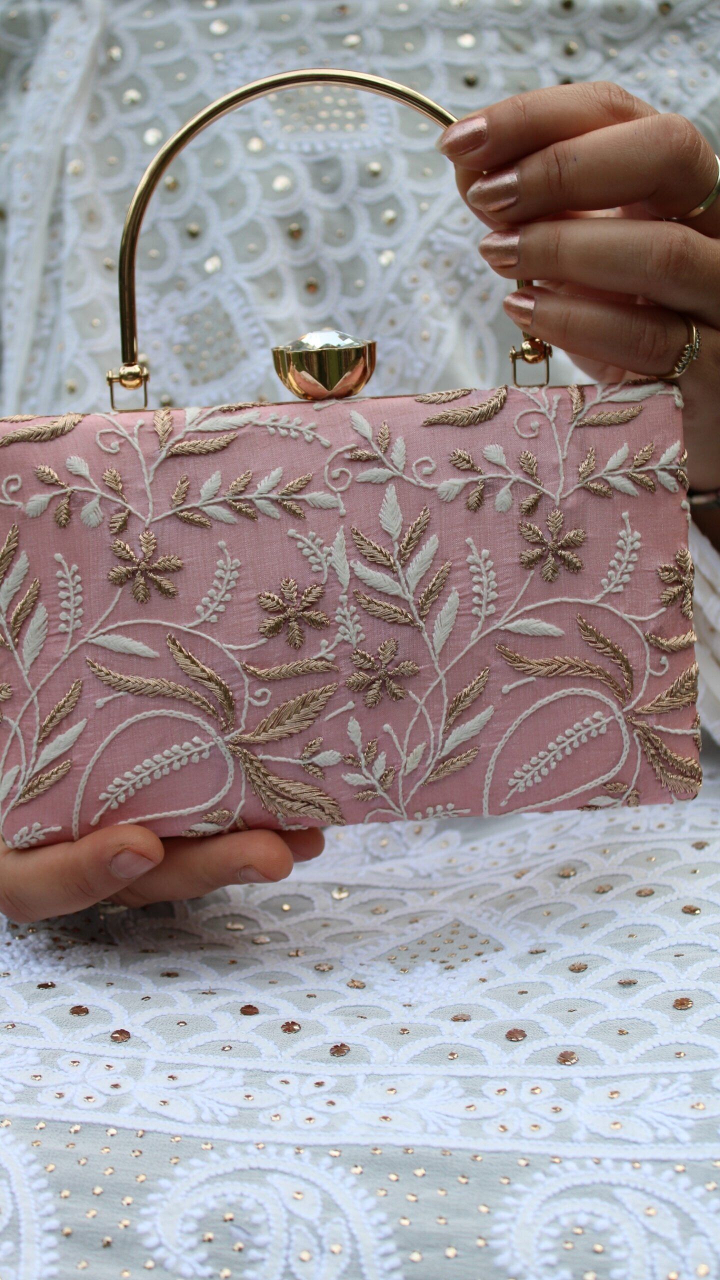 61 pink chikankari clutch