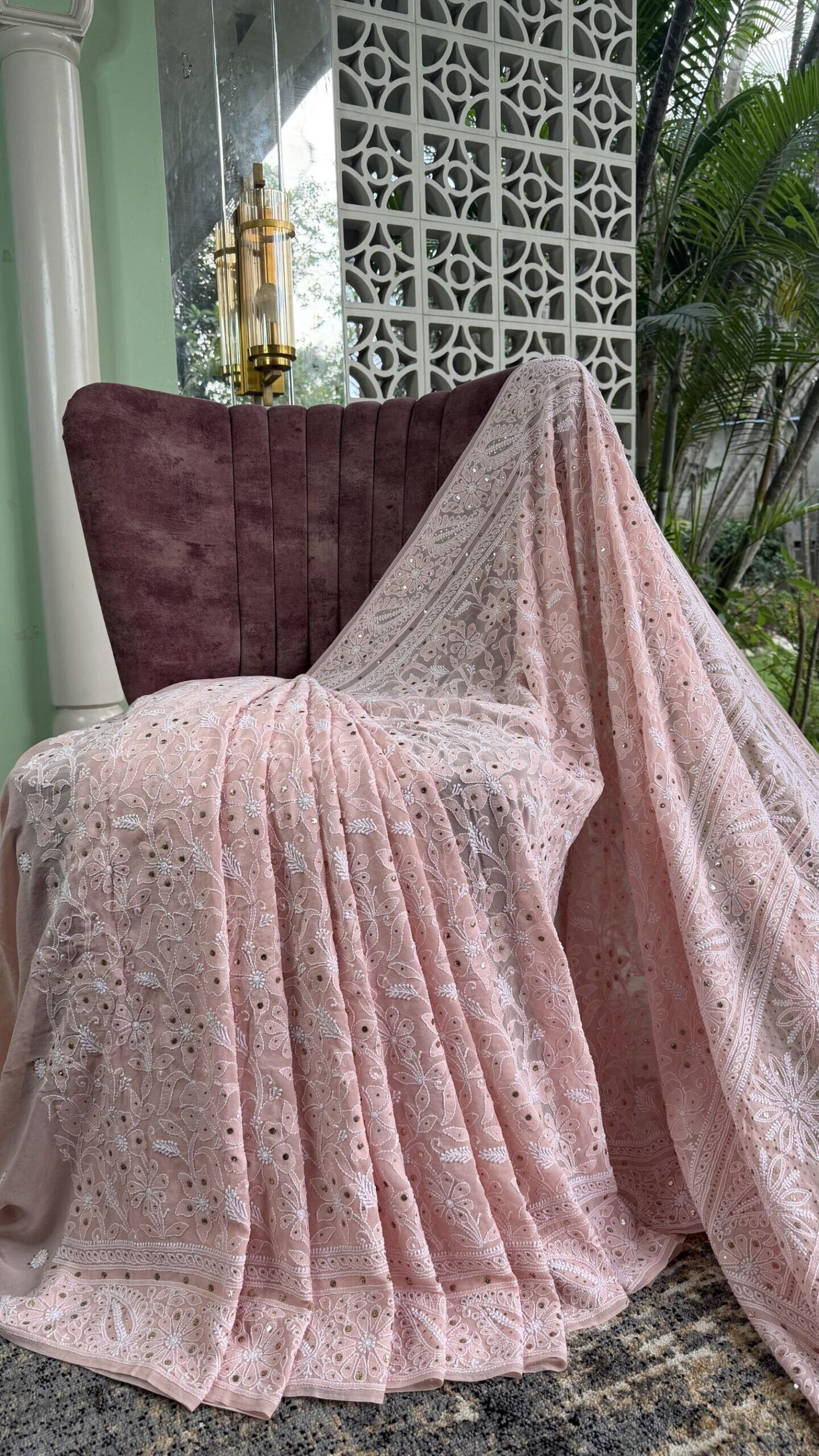 7 peach chikankari georgette saree