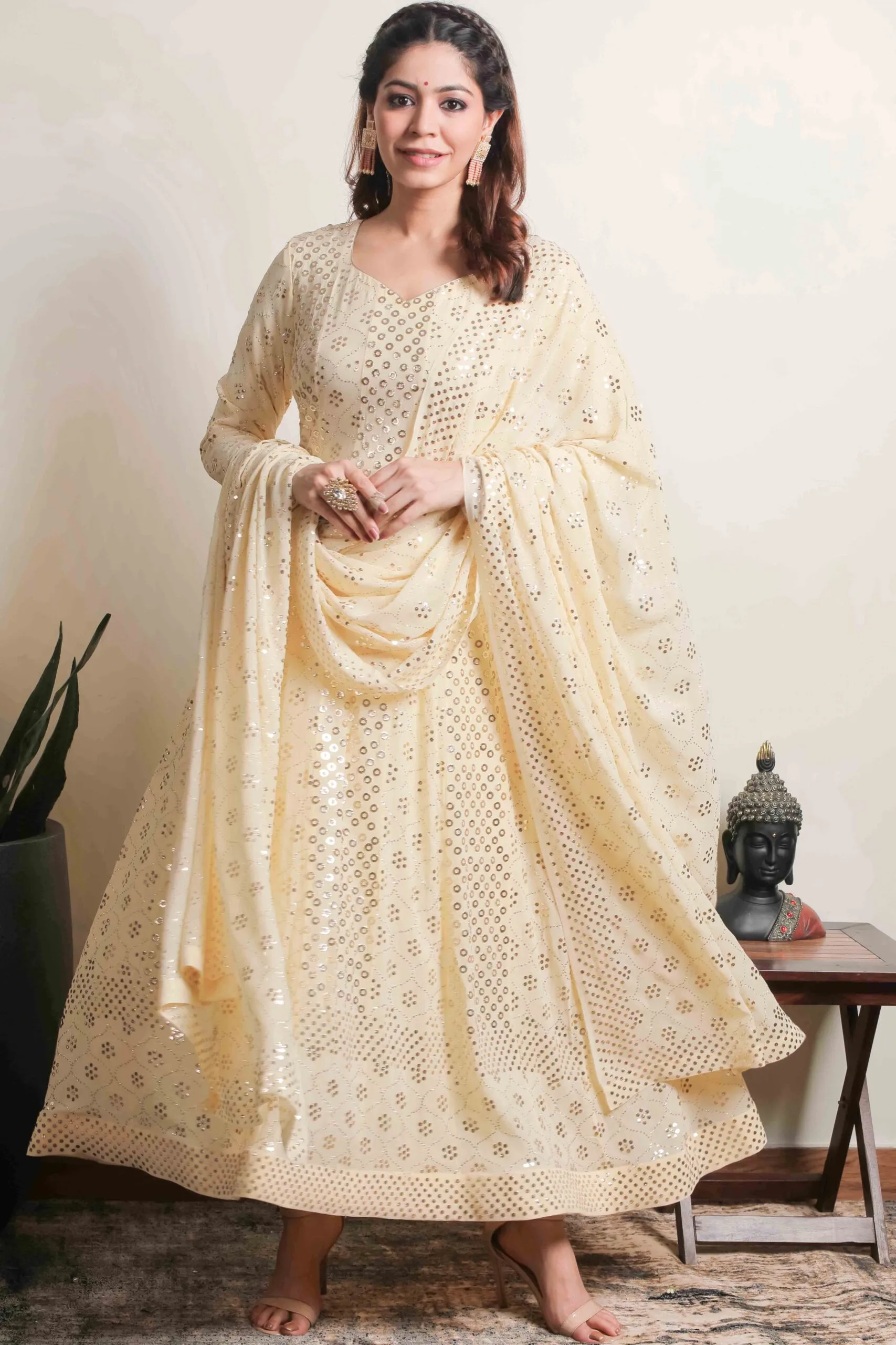 Srajann Hand Embellishment Anarkali Pure Georgette Unstitched Suit only Mukaish