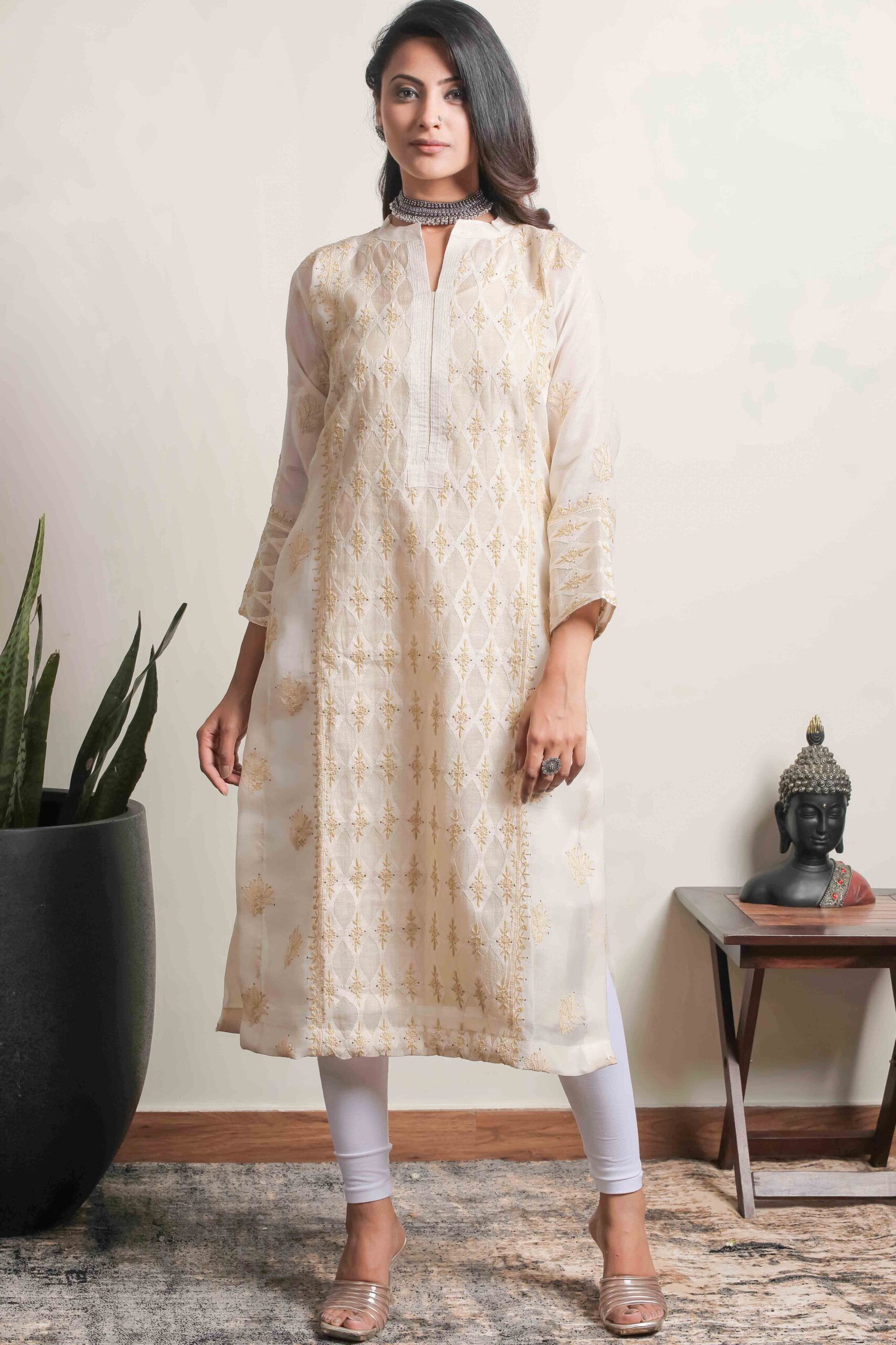 Srajann Hand Embroidred Beige Tissue Lucknowi Chikankari Straight Kurta