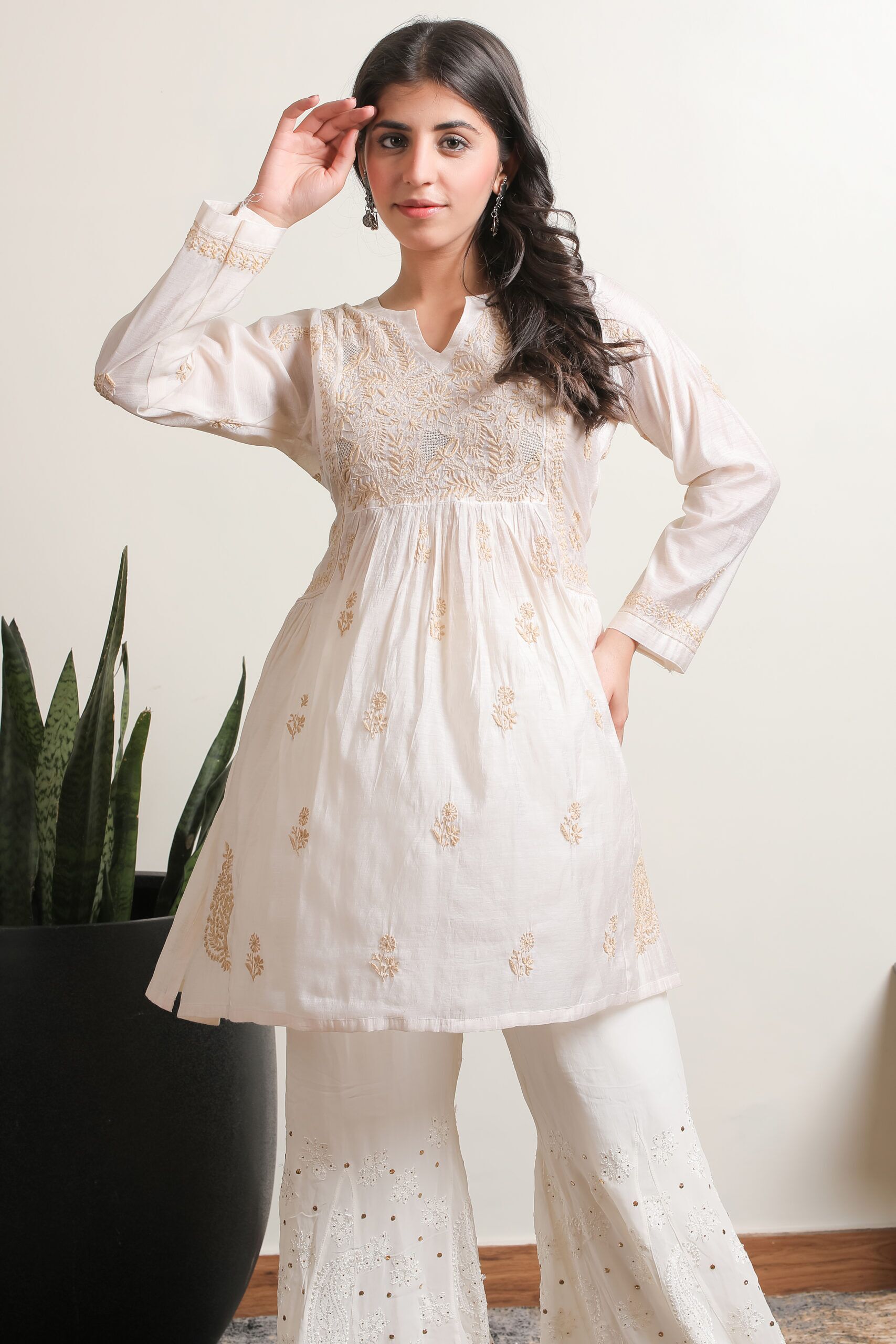 Elegant off-white Lucknowi Chikankari unstitched kurta by Srajann.