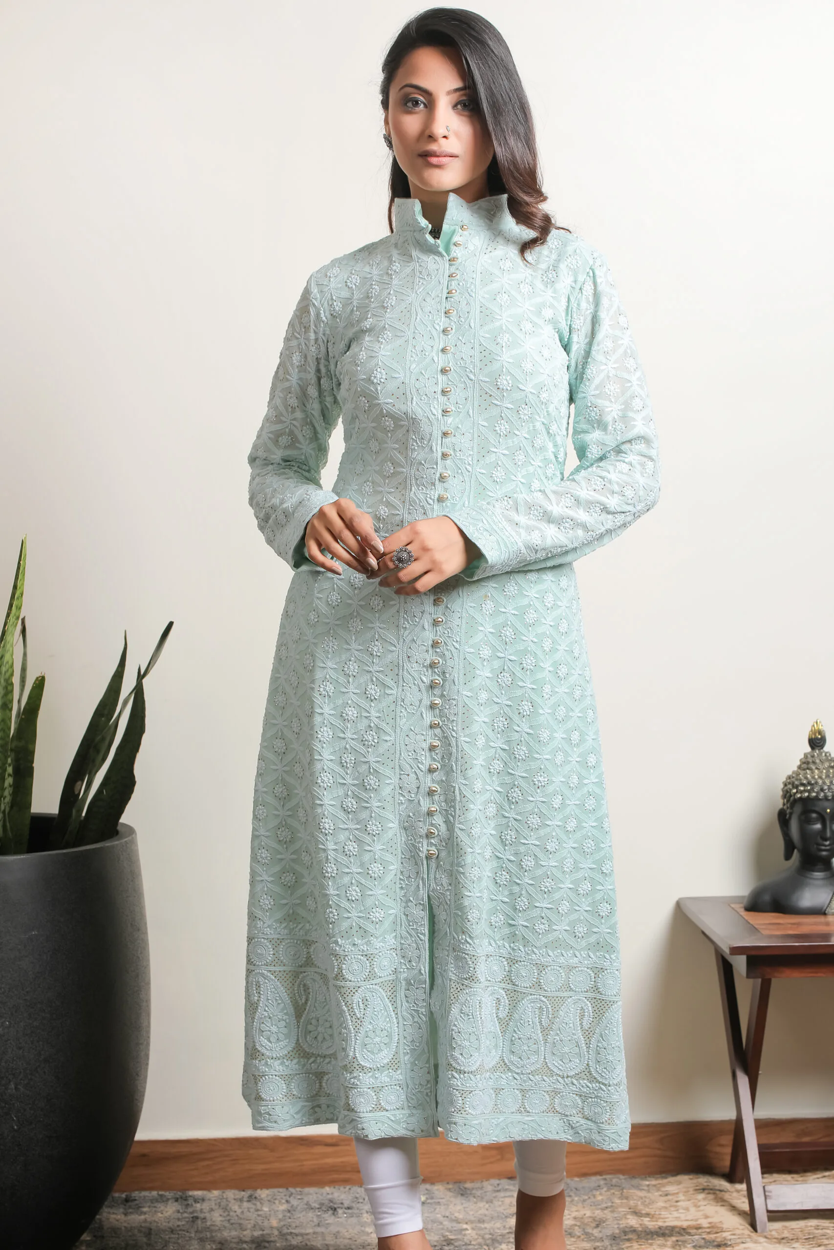 Srajann Hand Embroidred  Blue Pure Georgette Lucknowi Chikankari Sherwani Style Long Kurta Srajann Hand Embroidred Blue Pure Georgette Lucknowi Chikankari Sherwani Style Long Kurta