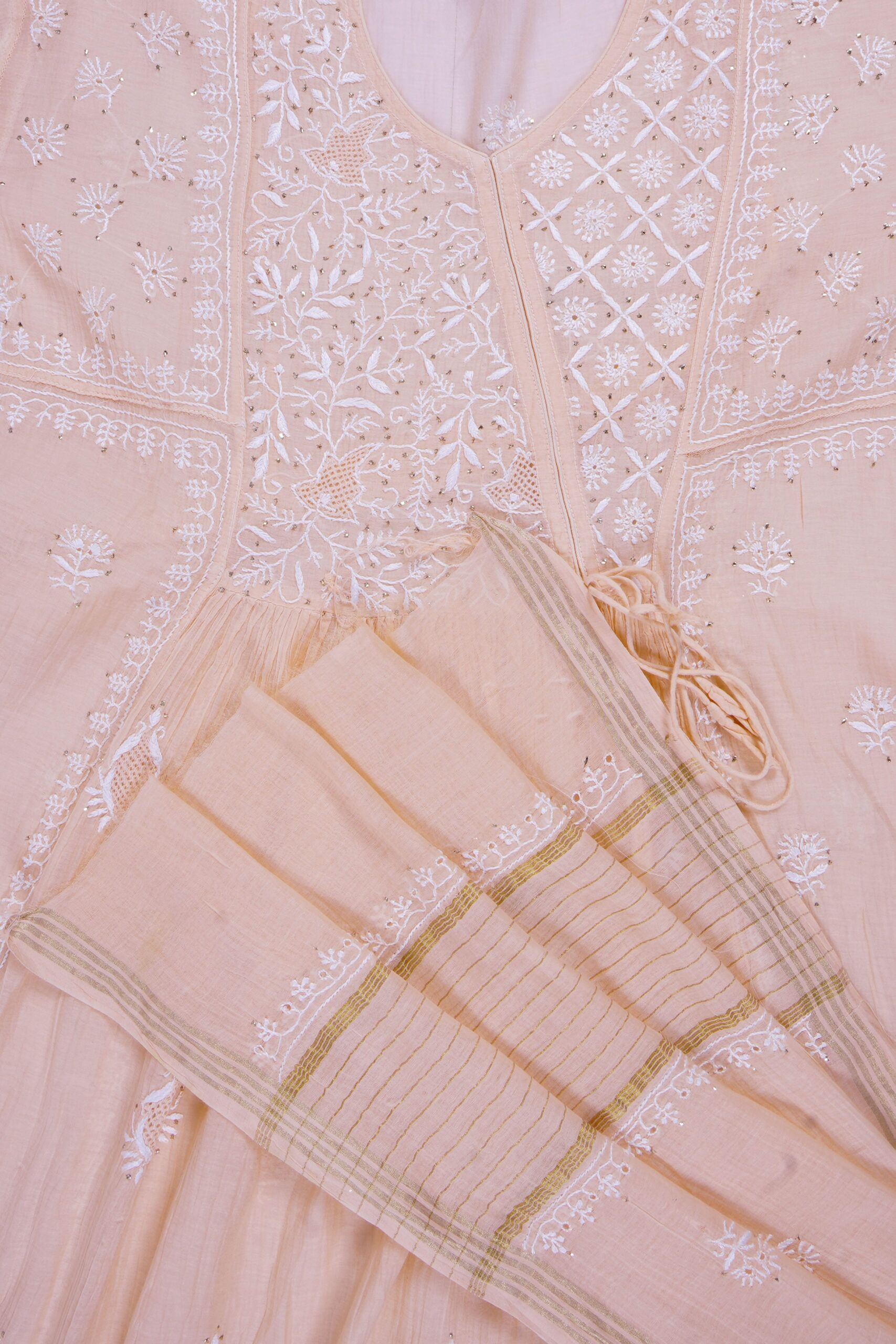 Srajann Hand Embroidered Beige Mul Chanderi Lucknowi Chikankari Unstitched Kurta Dupatta Set (SLC1645) Srajann Hand Embroidered Beige Mul Chanderi Lucknowi Chikankari Unstitched Kurta Dupatta Set (SLC1645)