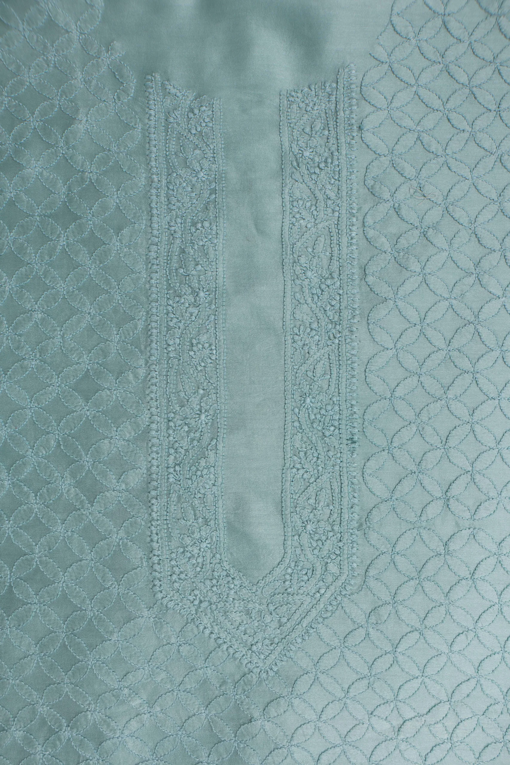 Srajann Hand Embroidered Cadet Blue Chanderi Lucknowi Chikankari Unstitched Men's Kurta Piece Srajann Hand Embroidered Cadet Blue Chanderi Lucknowi Chikankari Unstitched Men's Kurta Piece