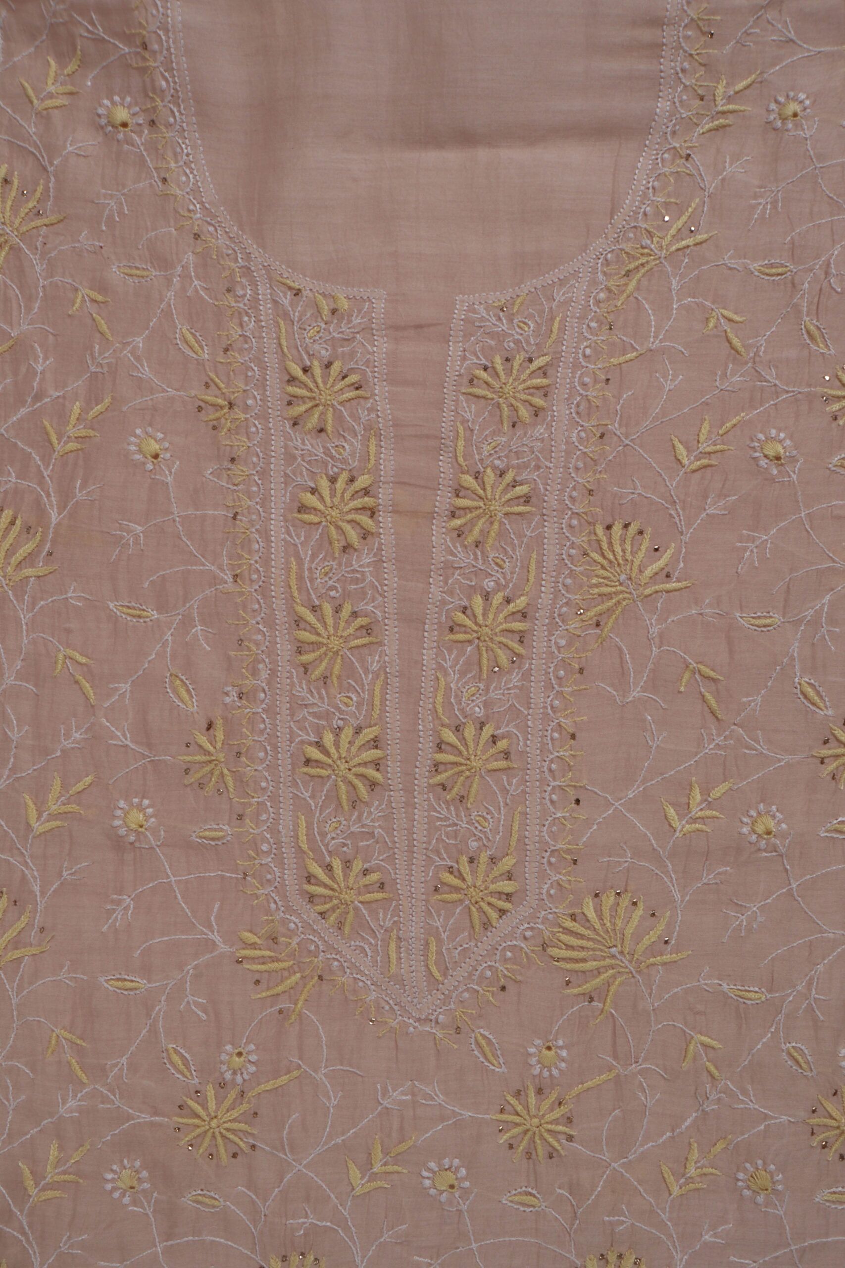Srajann Hand Embroided Cream Mul Chanderi Lucknowi Chikankari Unstitched Kurta Dupatta Set Srajann Hand Embroided Cream Mul Chanderi Lucknowi Chikankari Unstitched Kurta Dupatta Set
