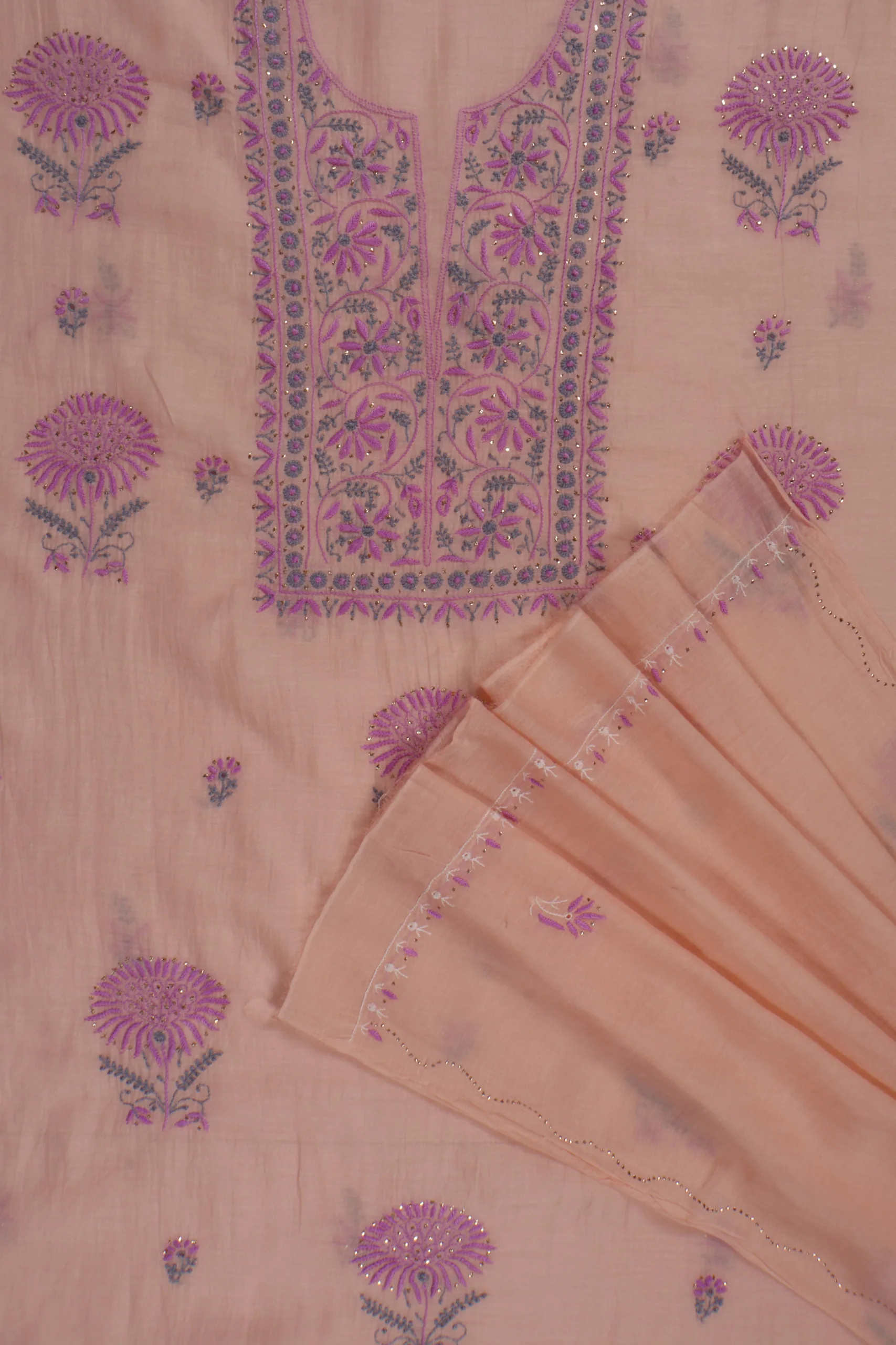 Srajann Hand Embroided Orange Mul Chanderi Lucknowi Chikankari Unstitched Kurta Dupatta Set Srajann Hand Embroided Orange Mul Chanderi Lucknowi Chikankari Unstitched Kurta Dupatta Set