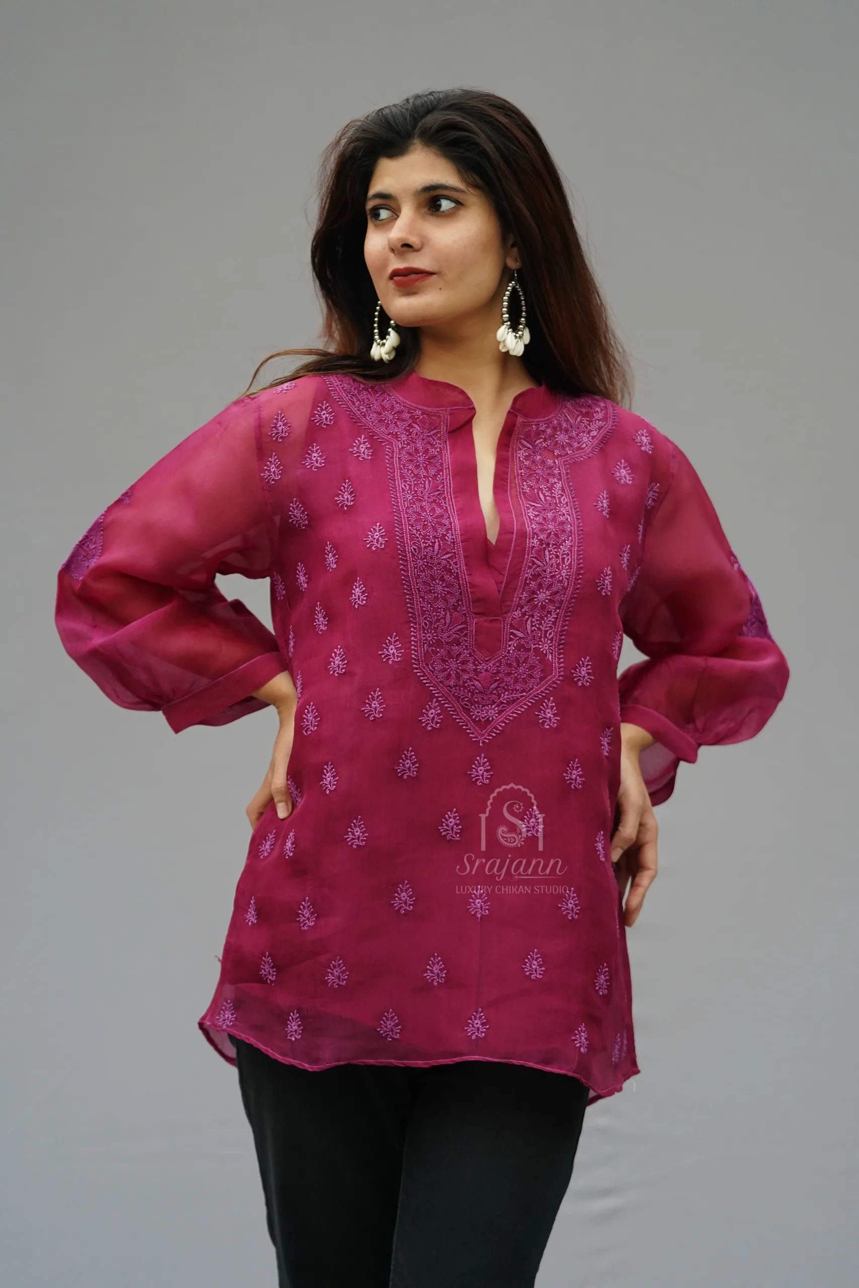 Srajann Hand Embroidered Wine Pure Organza Lucknowi Chikankari Shirt With Slip
