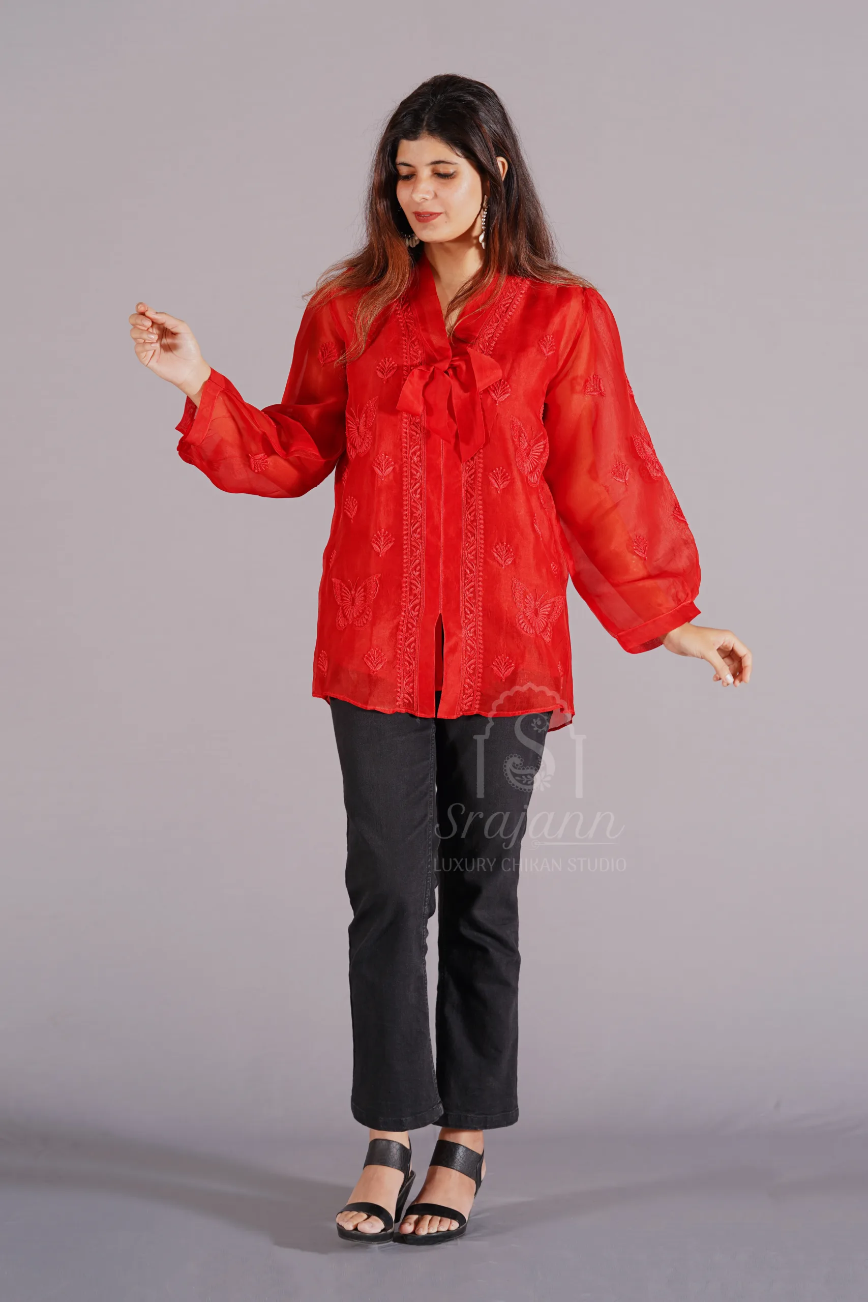 Srajann Hand Embroidered Red Pure Organza Lucknowi Chikankari Shirt With Slip