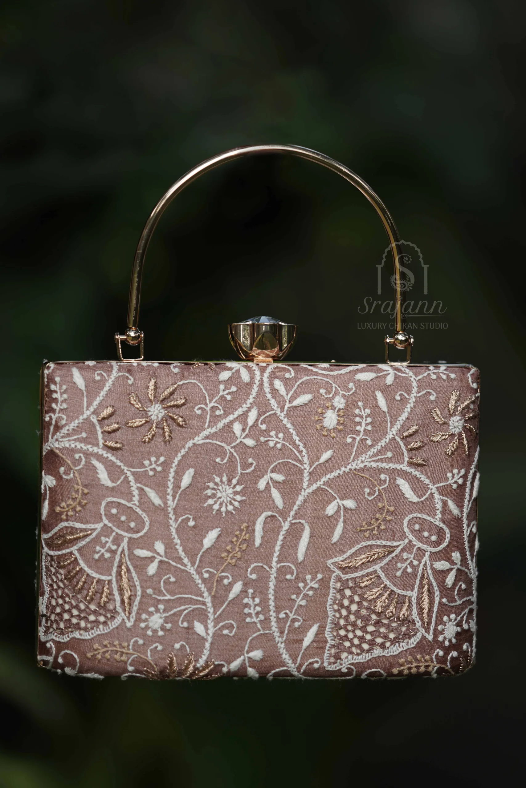 Srajann Hand Embroidered Dusty Peach Silk Lucknowi Chikankari Handle Clutch With Zari Work (SLC3878) - Image 1