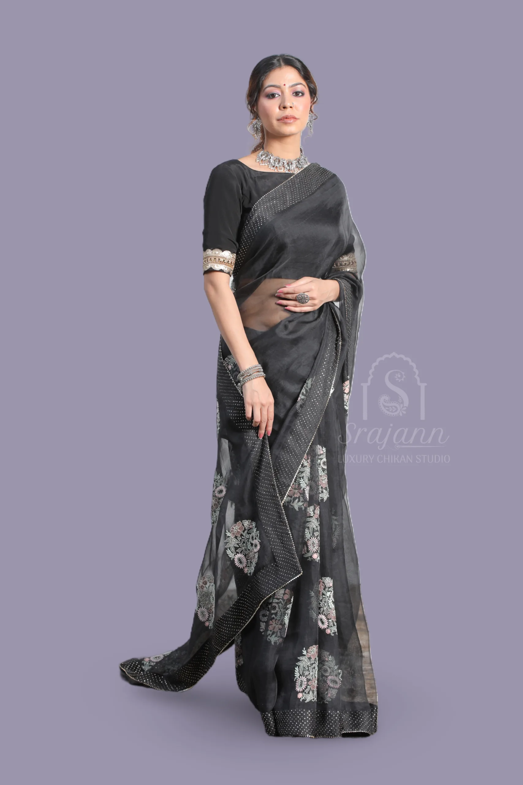 Hand Embroidered Black Organza Lucknowi Chikankari Saree With Blouse Hand Embroidered Black Organza Lucknowi Chikankari Saree With Blouse