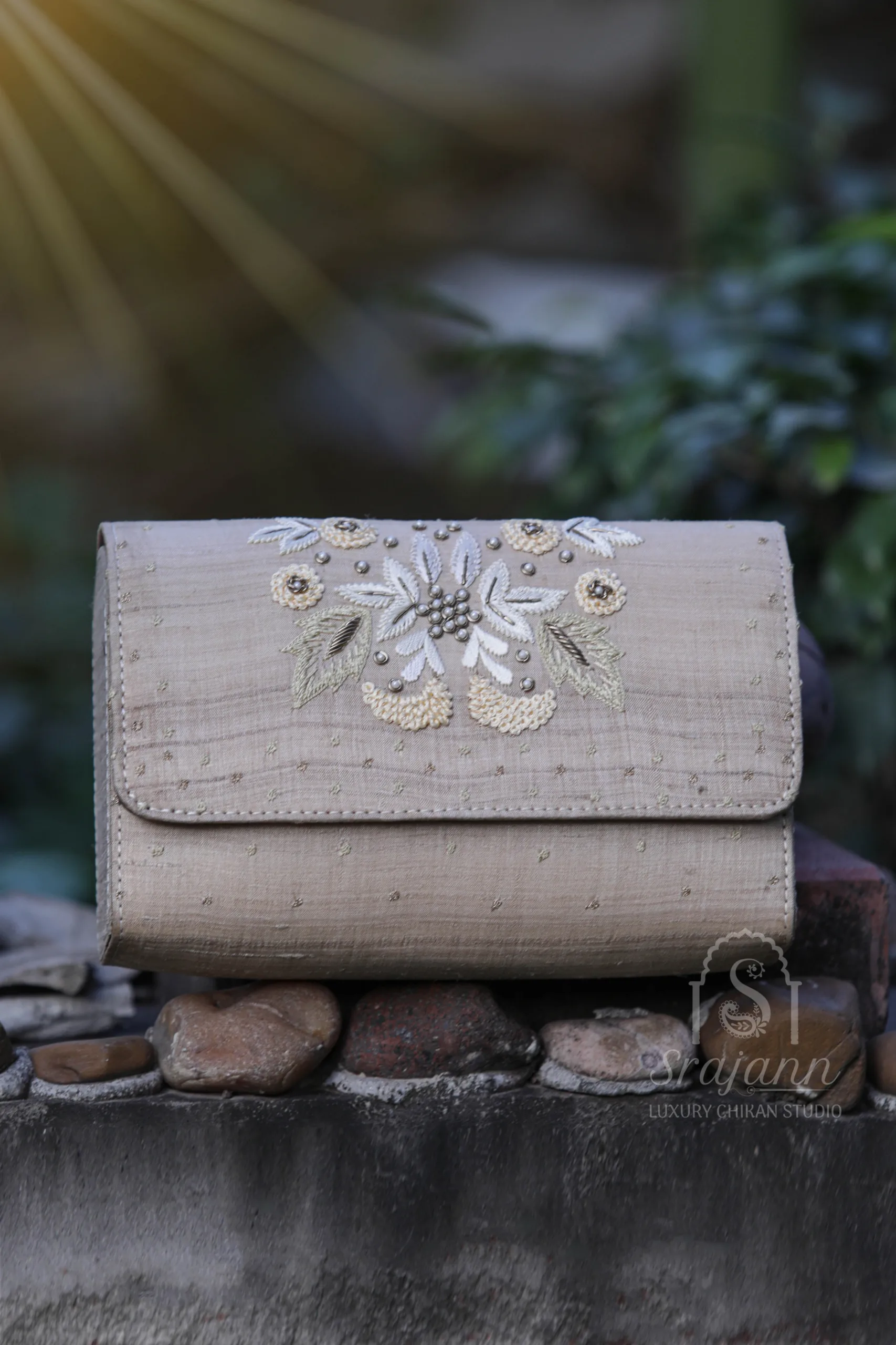 "Embroidered Beige Silk Lucknowi Chikankari Clutch With Zardozi" "Embroidered Beige Silk Lucknowi Chikankari Clutch With Zardozi"
