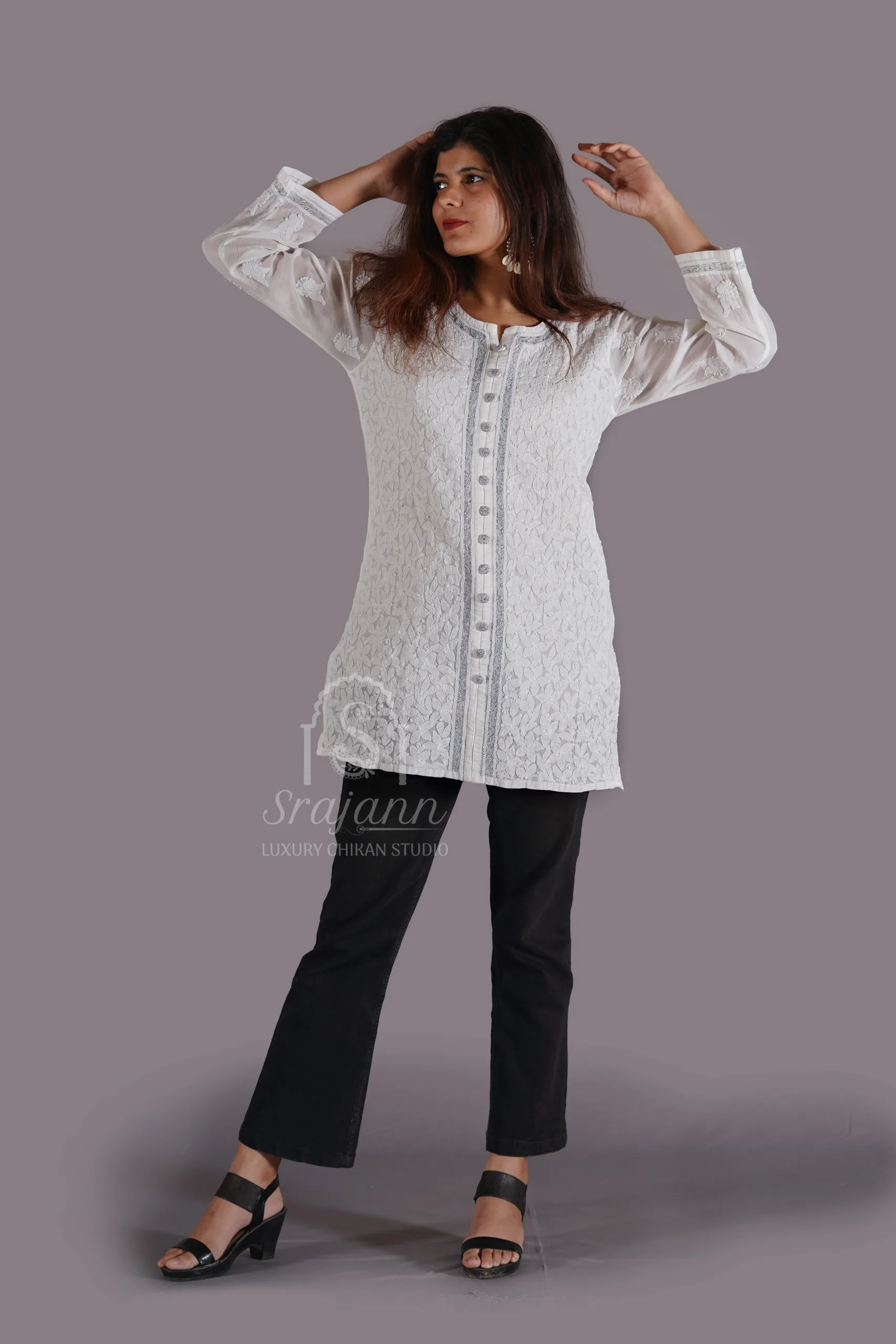 Hand Embroidered White Cotton Lucknowi Chikankari Straight Kurti With Zari Work