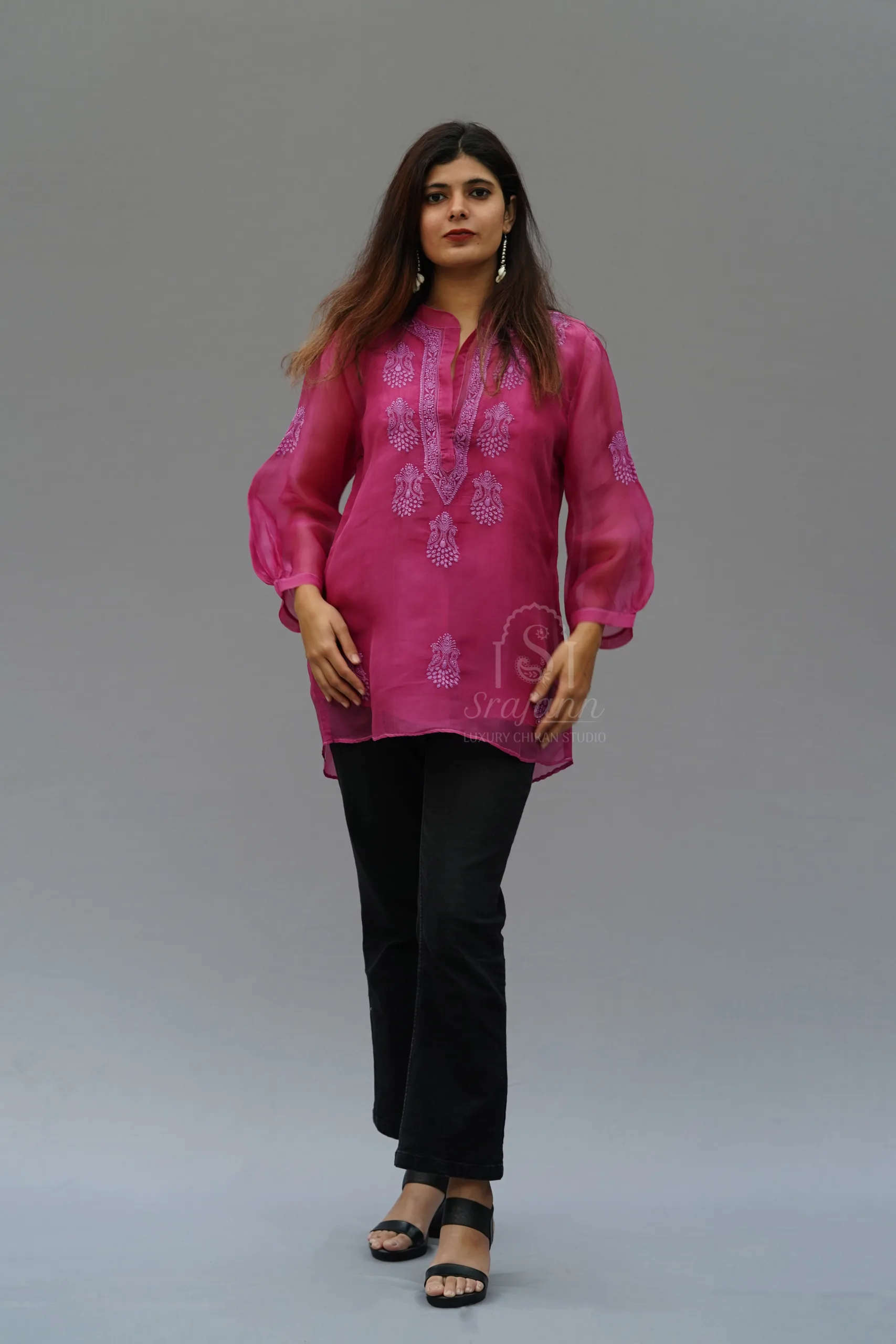 Hand Embroidered Wine Pure Organza Lucknowi Chikankari Shirt With Slip