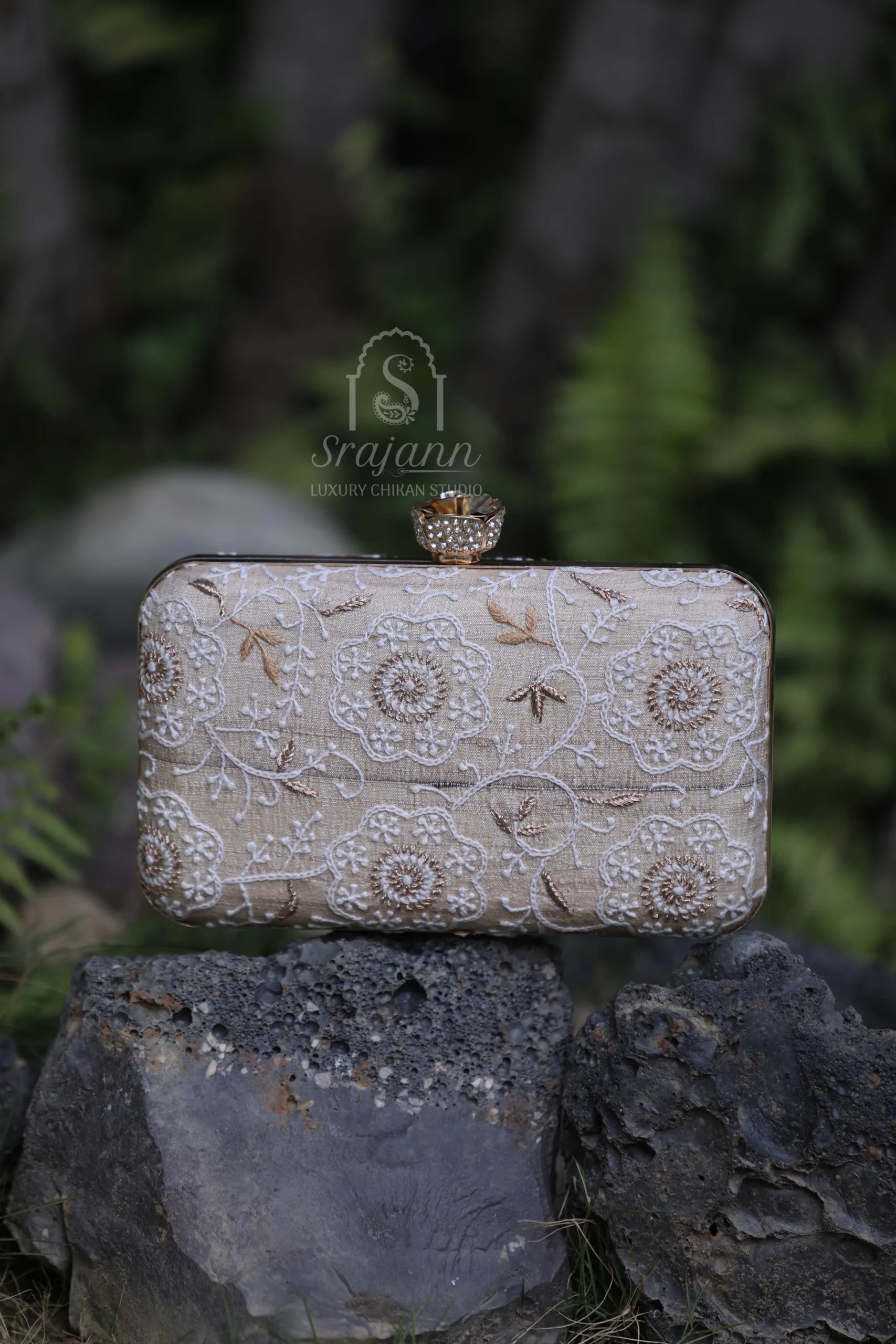 Srajann Hand Embroidered Fawn Lucknowi Chikankari Clutch with Zari Work