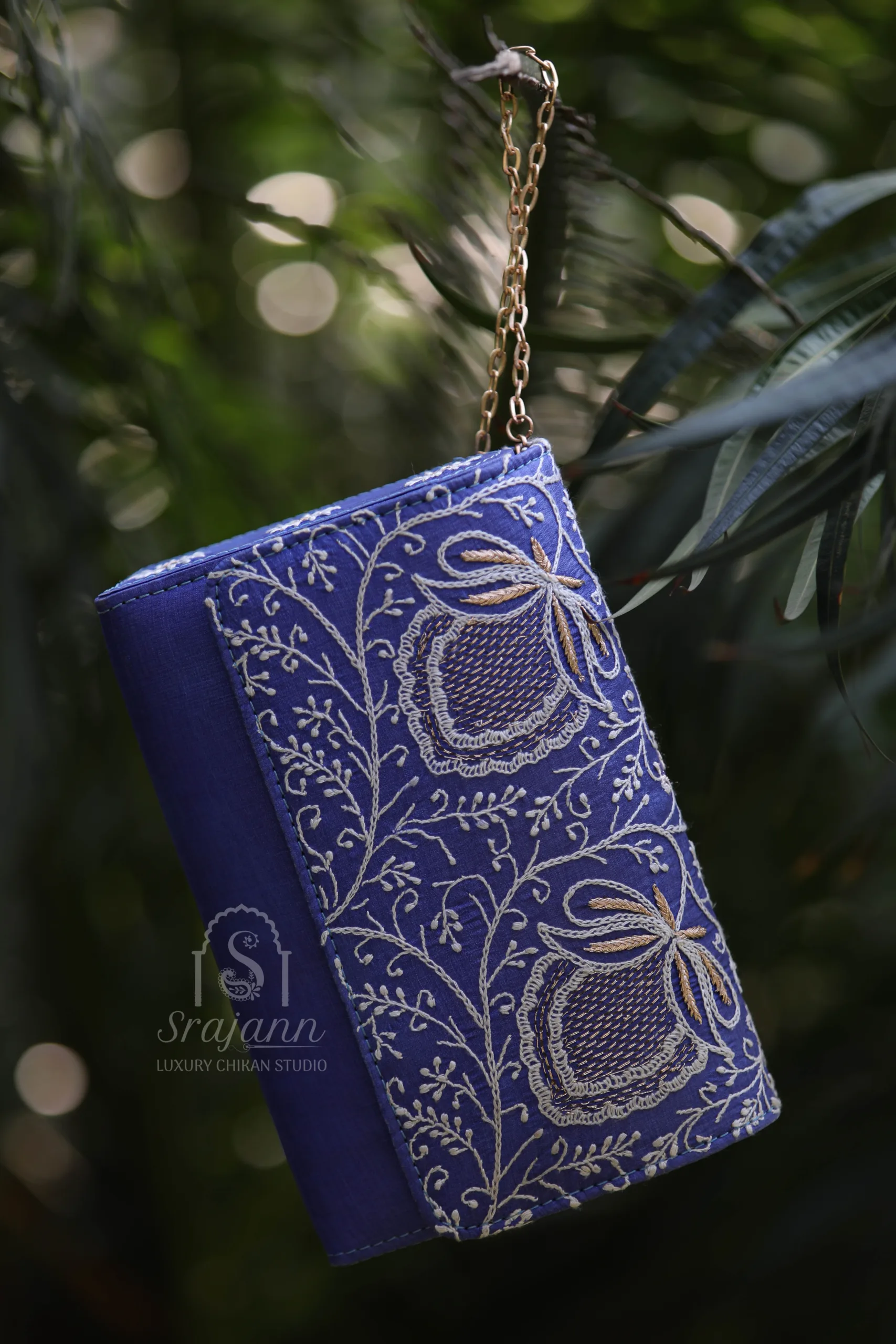 Srajann Hand Embroidered Royal Blue Silk Lucknowi Chikankari Clutch With Zari Work (SLC3747) (1) "Royal Blue Silk Lucknowi Chikankari Clutch with Zari Work
