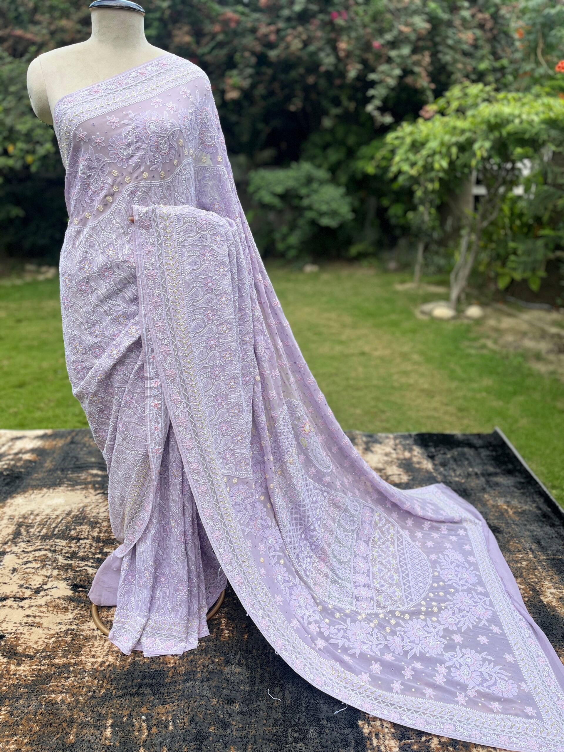 Srajann Hand Embroidered Mauve Color Pure Georgette Lucknowi Chikankari Saree With Blouse(SLC6067) - Image 1