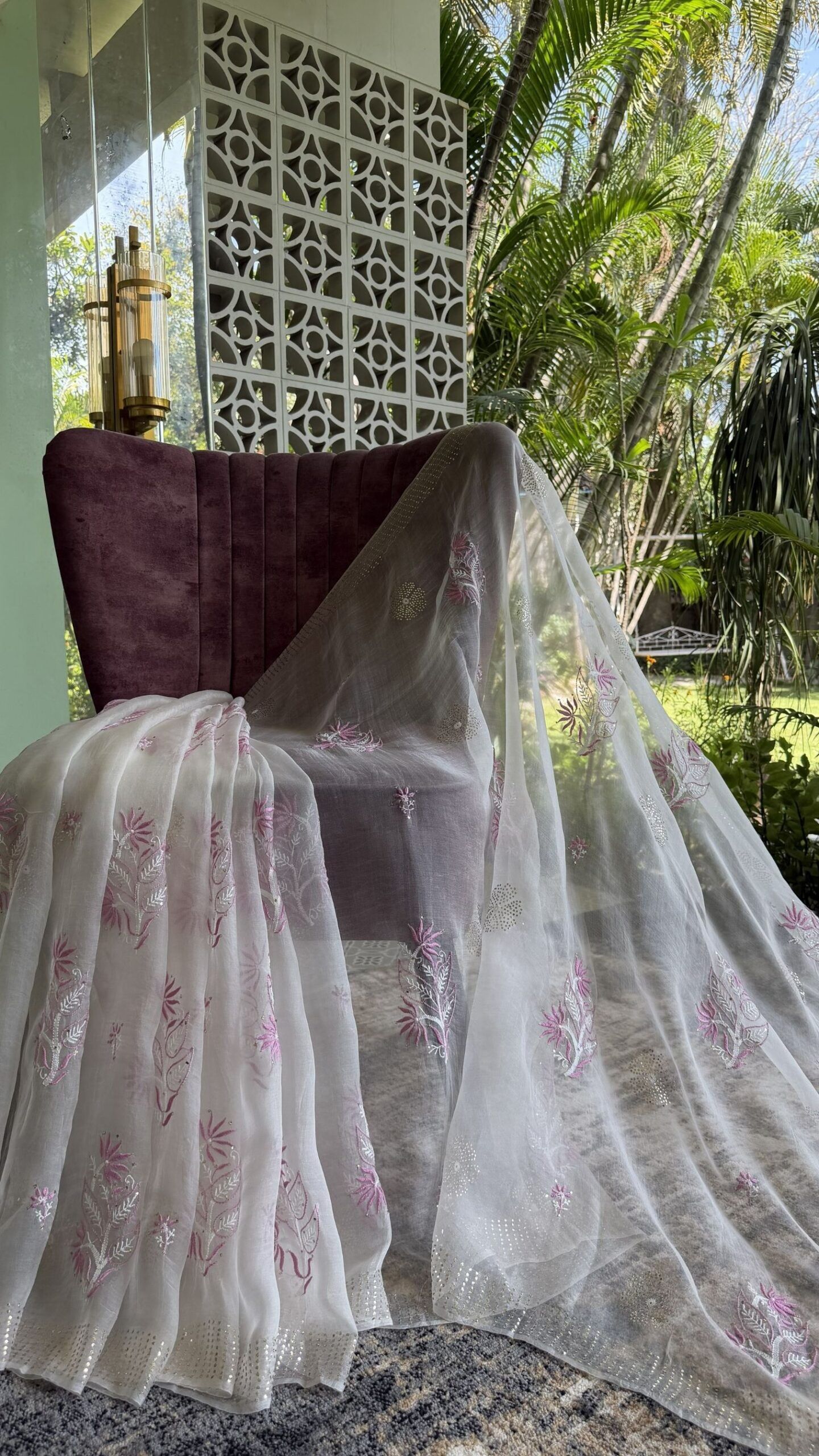 DYEABLE PURE & PREMIUM ORGANZA CHIKANKARI & MUKAISH SAREE & BLOUSE - Image 1