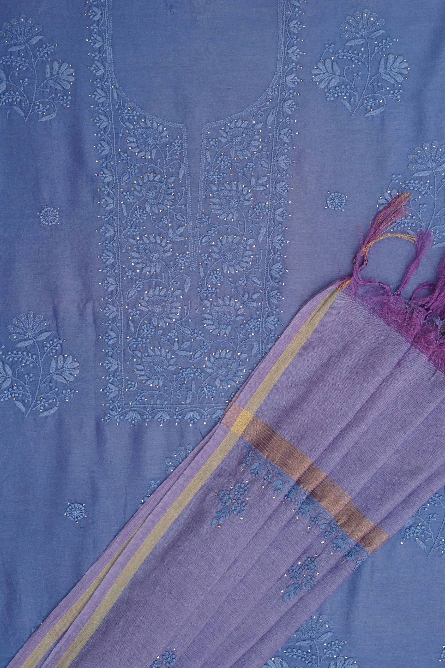 Srajann Hand Embroidered Mal Chanderi Lucknowi Chikankari Unstitched Kurta With Dupatta