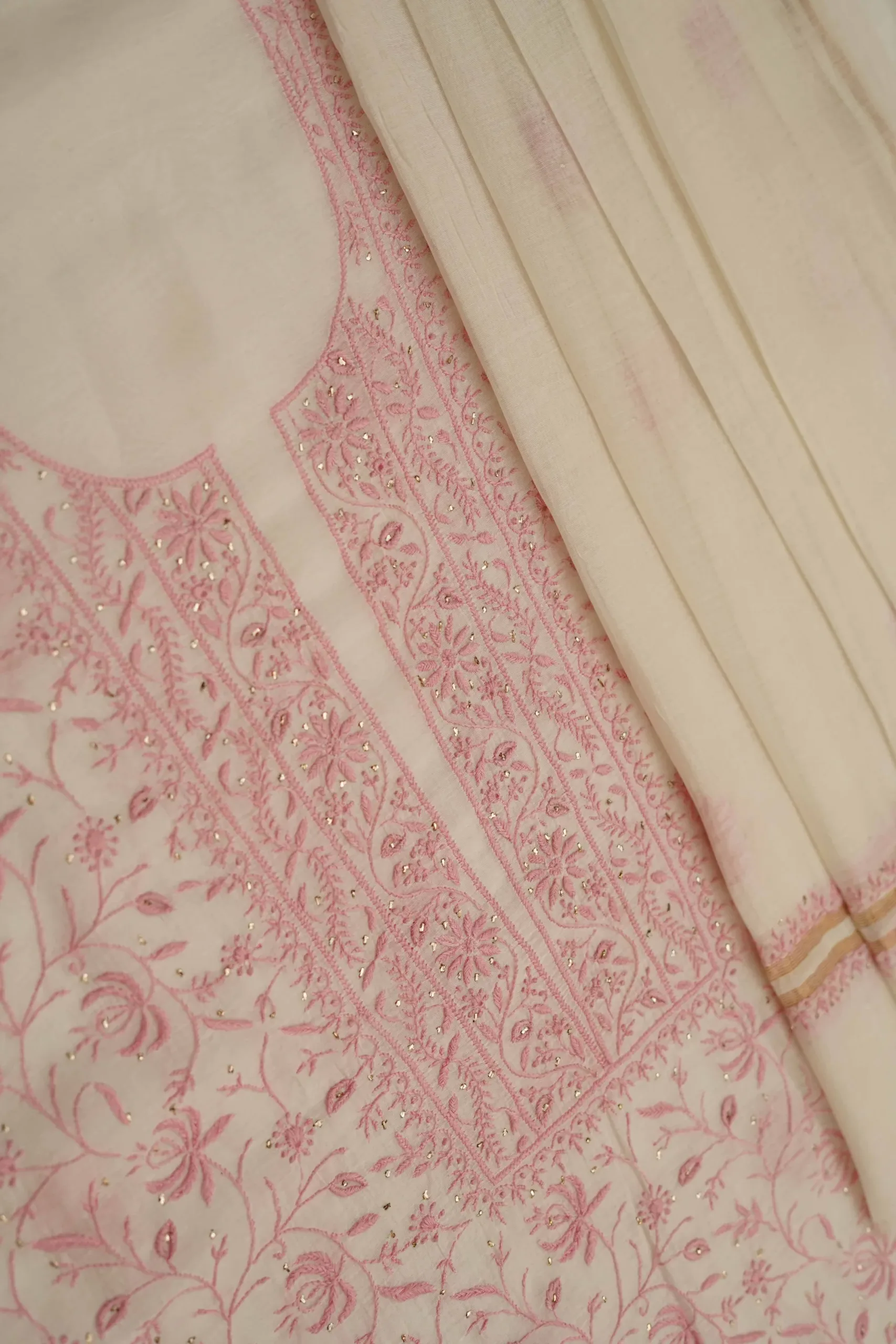 Srajann Hand Embroided white Mul Chanderi Lucknowi Chikankari Unstitched Kurta Dupatta Set Srajann Hand Embroided white Mul Chanderi Lucknowi Chikankari Unstitched Kurta Dupatta Set