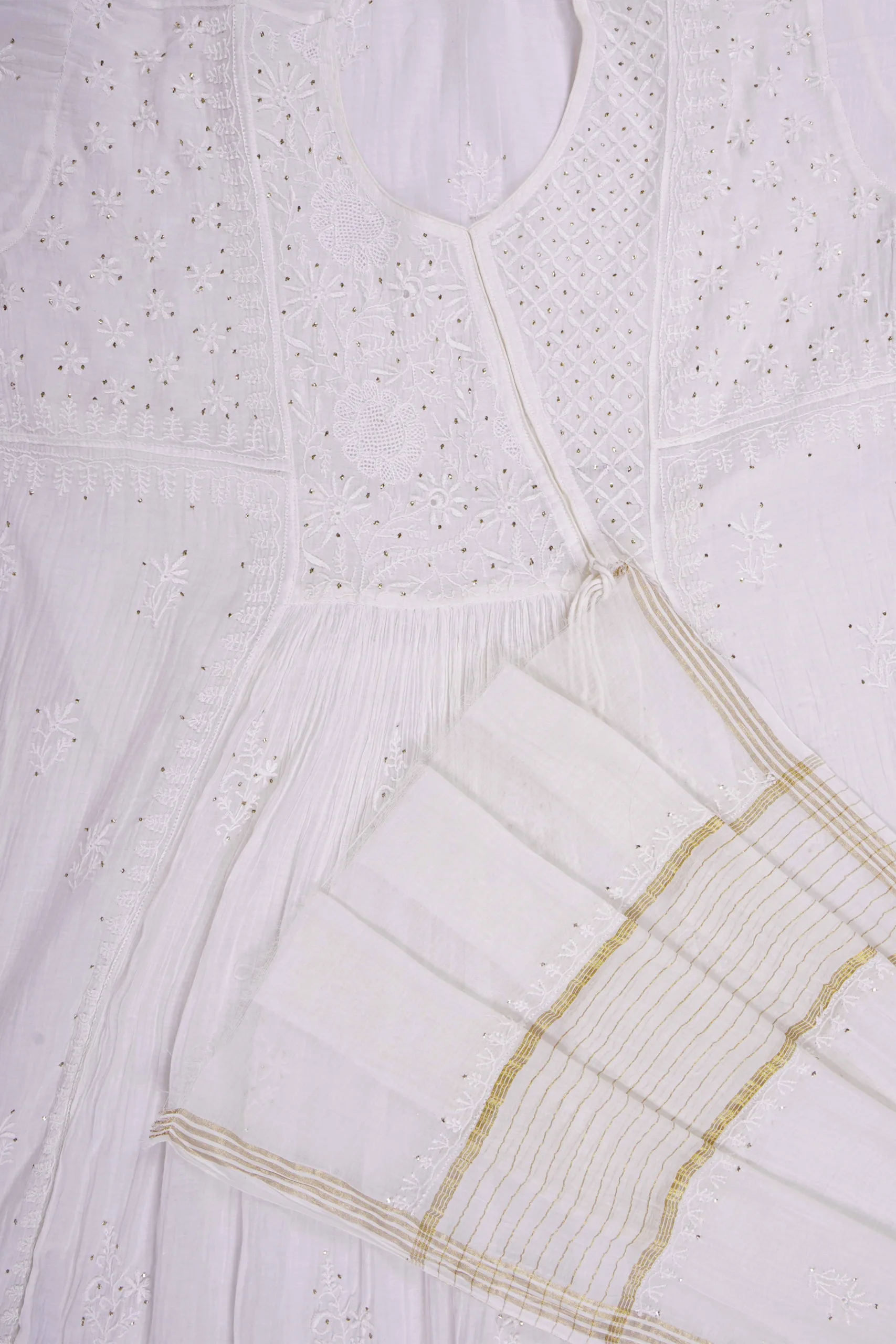 Srajann Hand Embroided white Mul Chanderi Lucknowi Chikankari Unstitched Kurta Dupatta Set