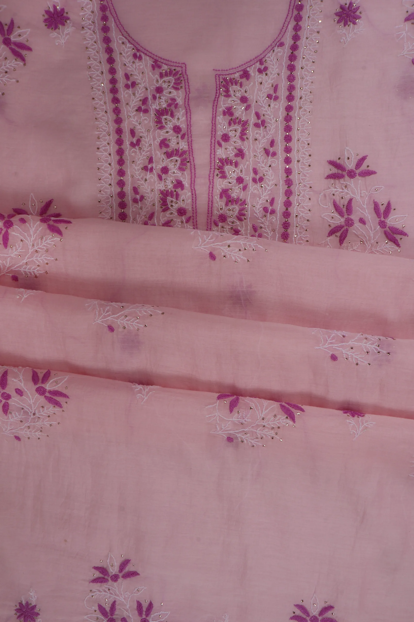 Srajann Hand Embroided Purple Mul Chanderi Lucknowi Chikankari Unstitched Kurta Dupatta Set