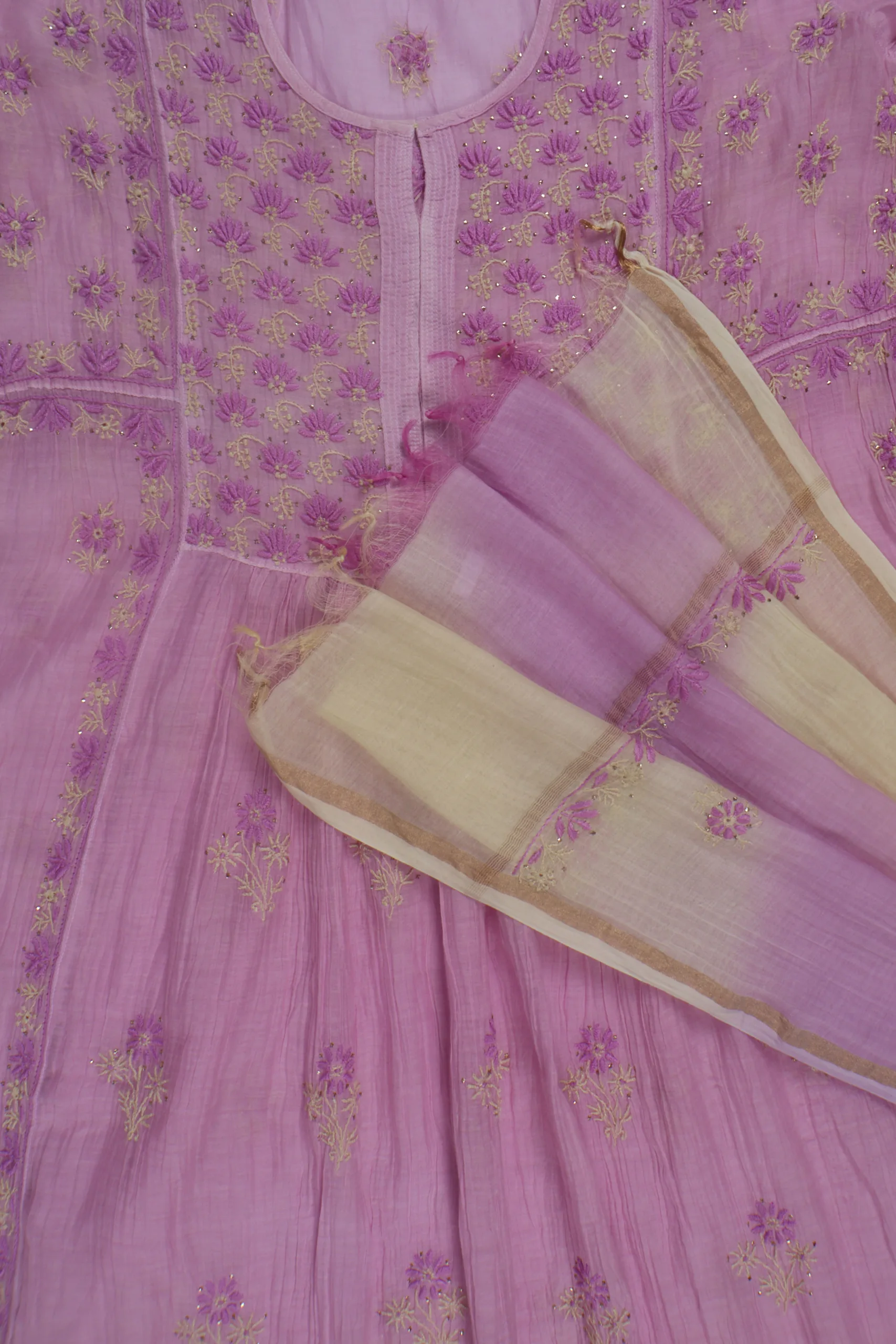 Srajann Hand Embroided Pink Mul Chanderi Lucknowi Chikankari Unstitched Kurta Dupatta Set