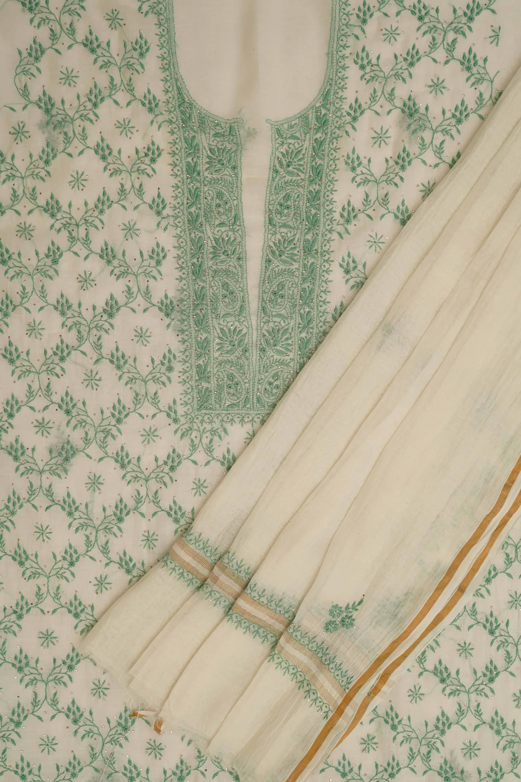 Srajann Hand Embroided white Mul Chanderi Lucknowi Chikankari Unstitched Kurta Dupatta Set