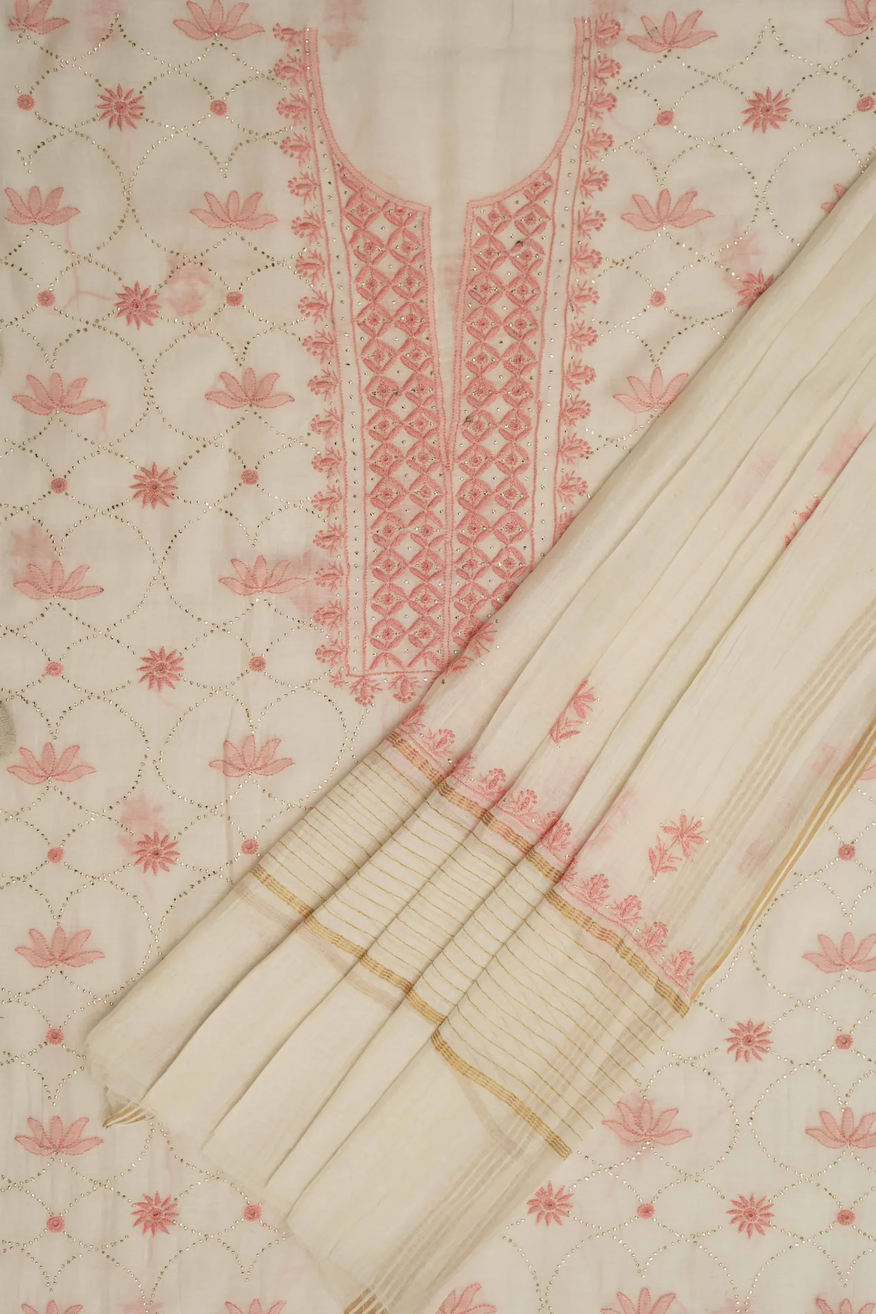 Srajann Hand Embroided white Mul Chanderi Lucknowi Chikankari Unstitched Kurta Dupatta Set