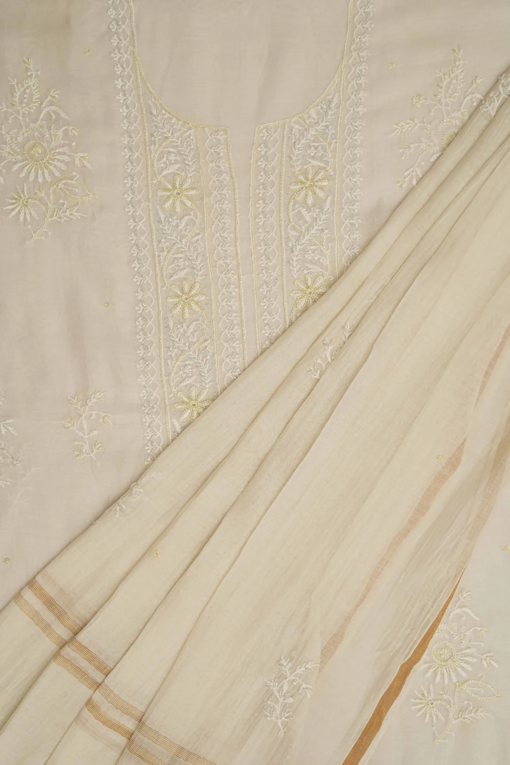 Srajann Hand Embroided white Mul Chanderi Lucknowi Chikankari Unstitched Kurta Dupatta Set