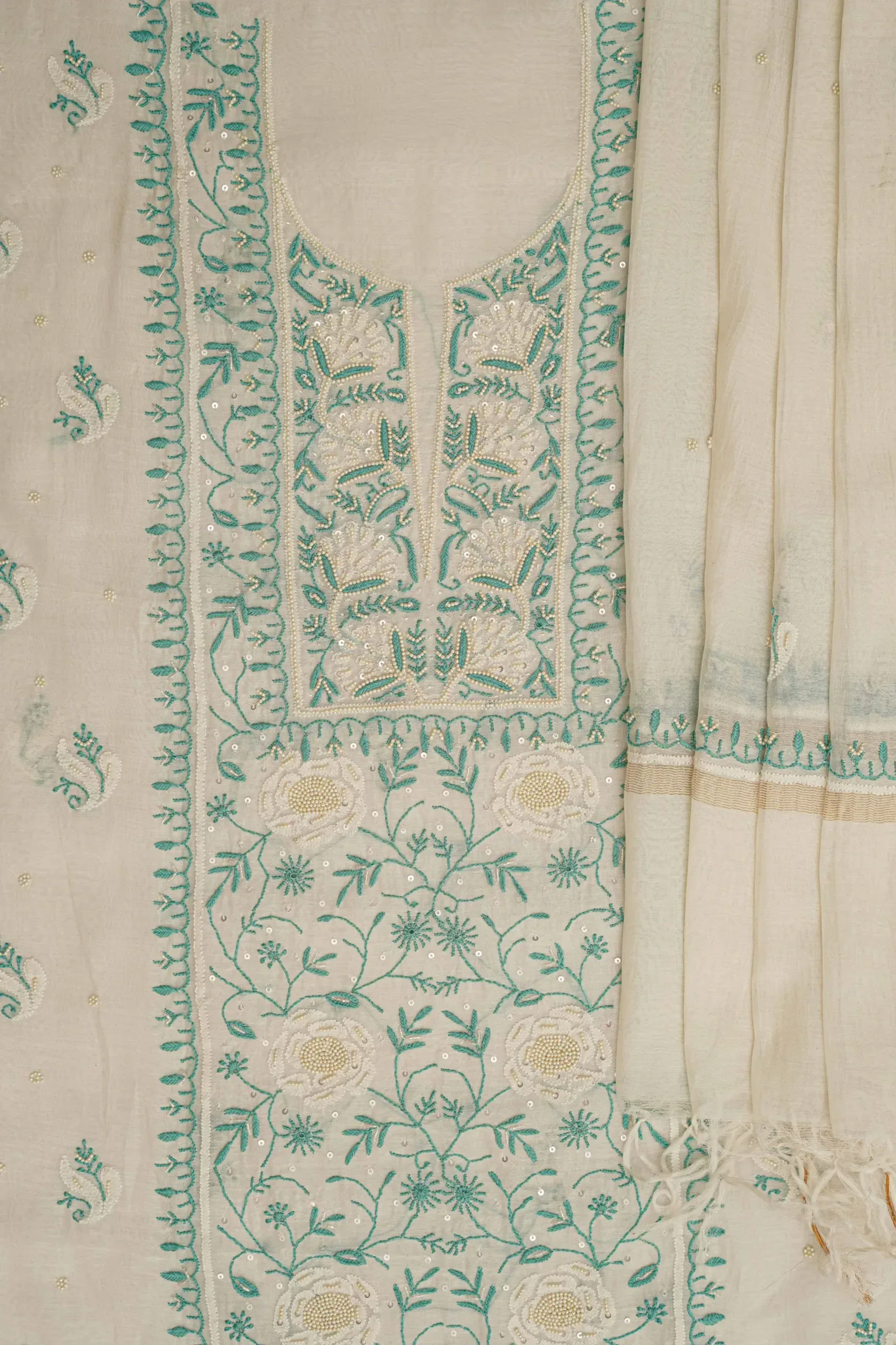 Srajann Hand Embroided white Mul Chanderi Lucknowi Chikankari Unstitched Kurta Dupatta Set