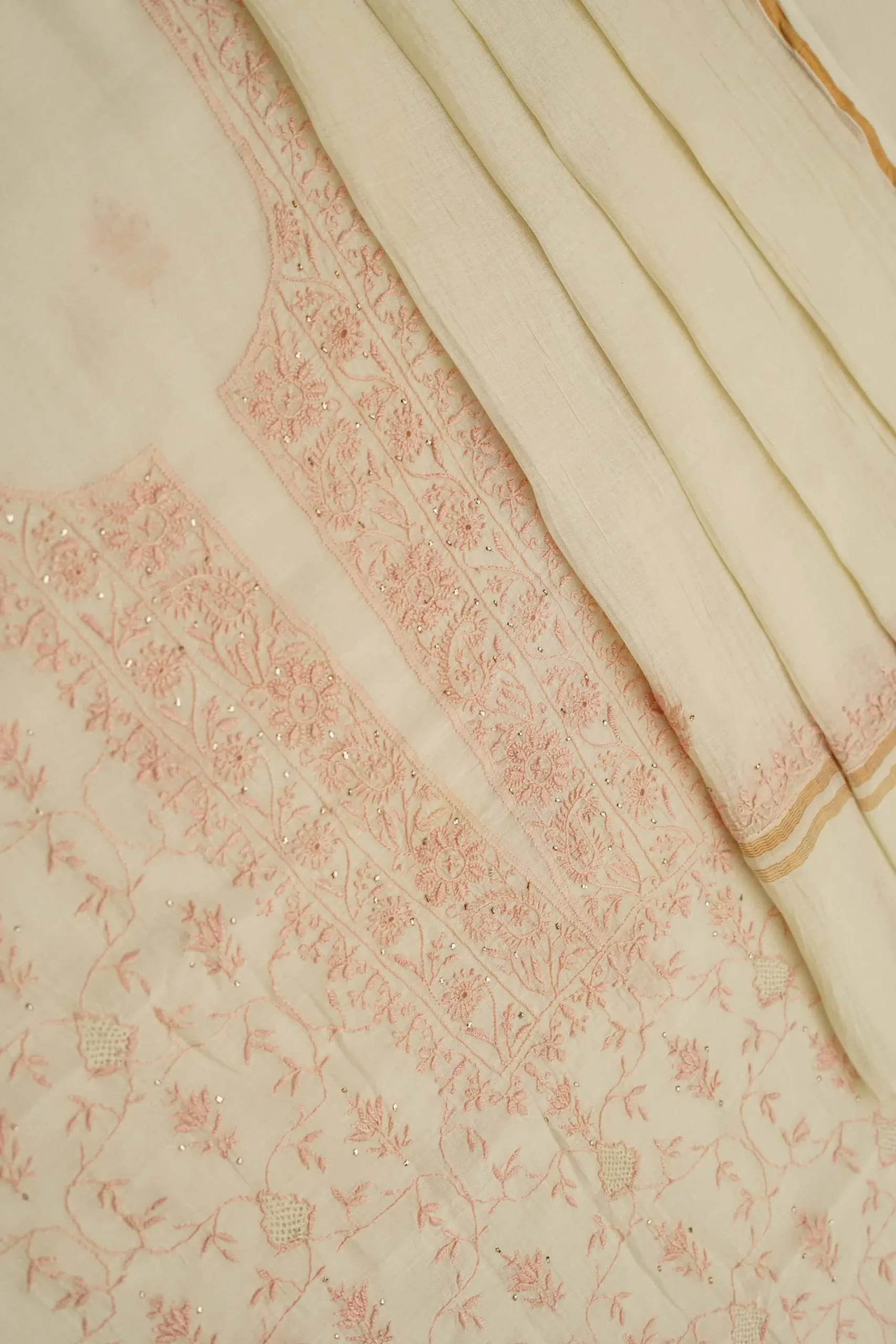 Srajann Hand Embroided Fawn Mul Chanderi Lucknowi Chikankari Unstitched Kurta Dupatta Set