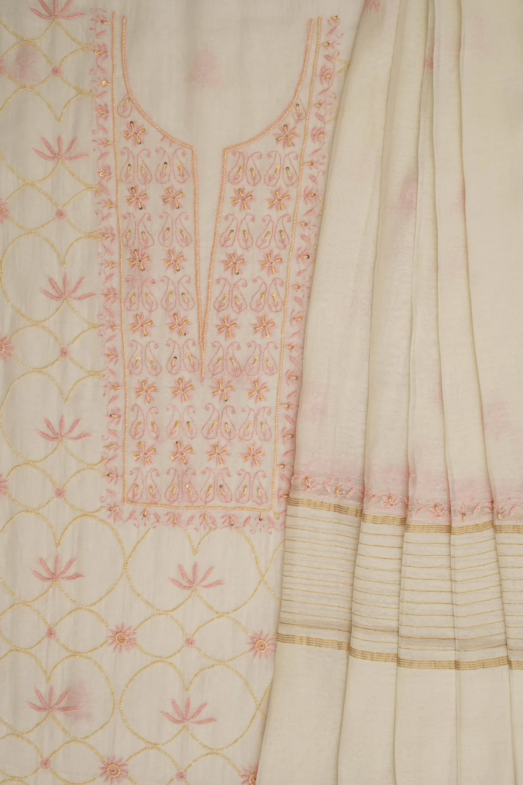 Srajann Hand Embroidered Mal Chanderi Lucknowi Chikankari Unstitched Kurta With Dupatta
