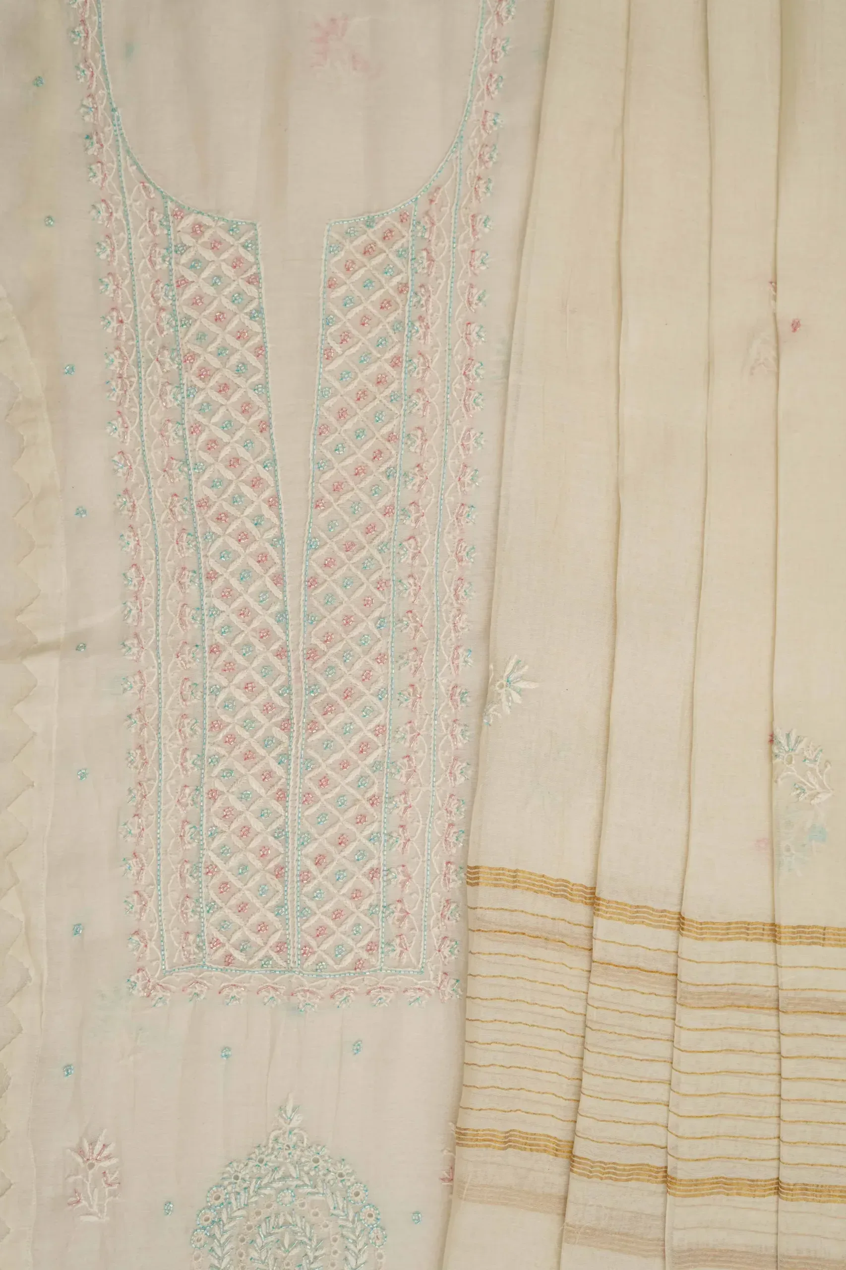 Srajann Hand Embroidered Mal Chanderi Lucknowi Chikankari Unstitched Kurta With Dupatta