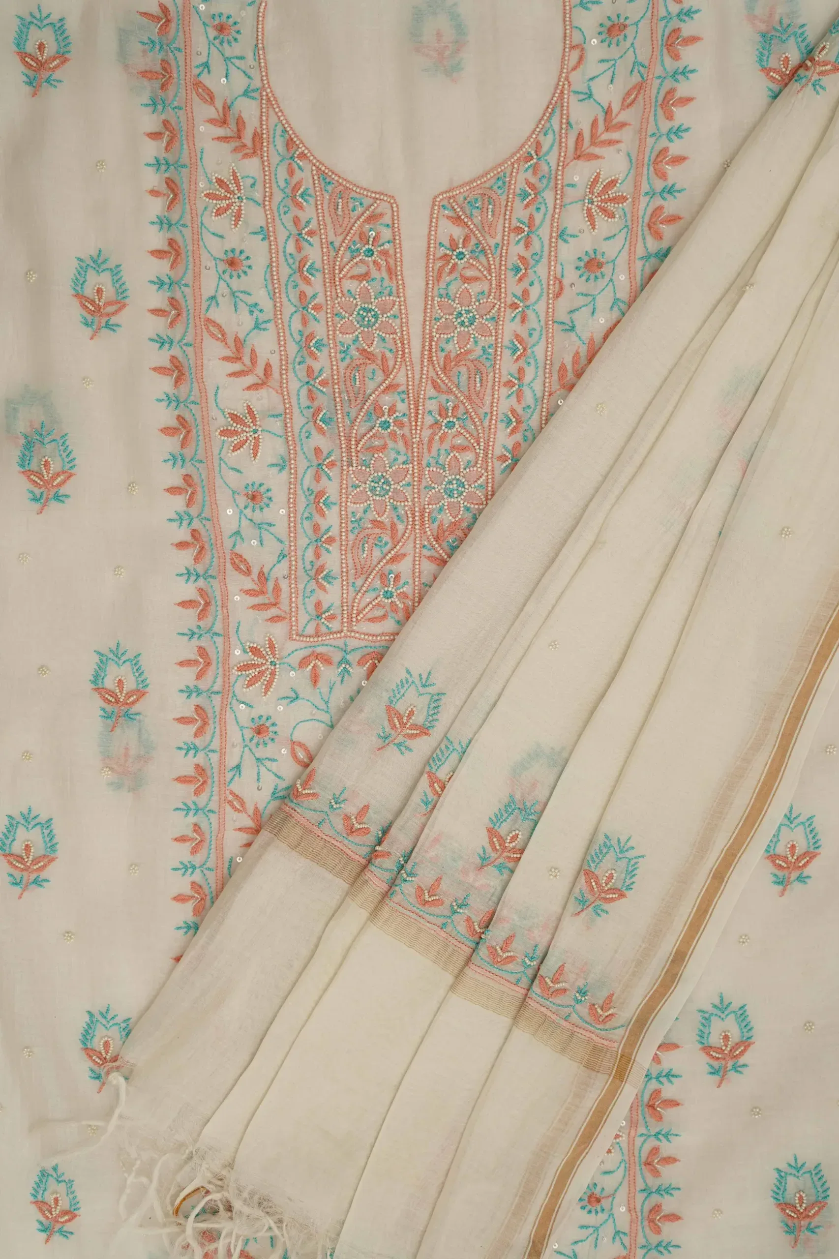 Srajann Hand Embroided white Mul Chanderi Lucknowi Chikankari Unstitched Kurta Dupatta Set