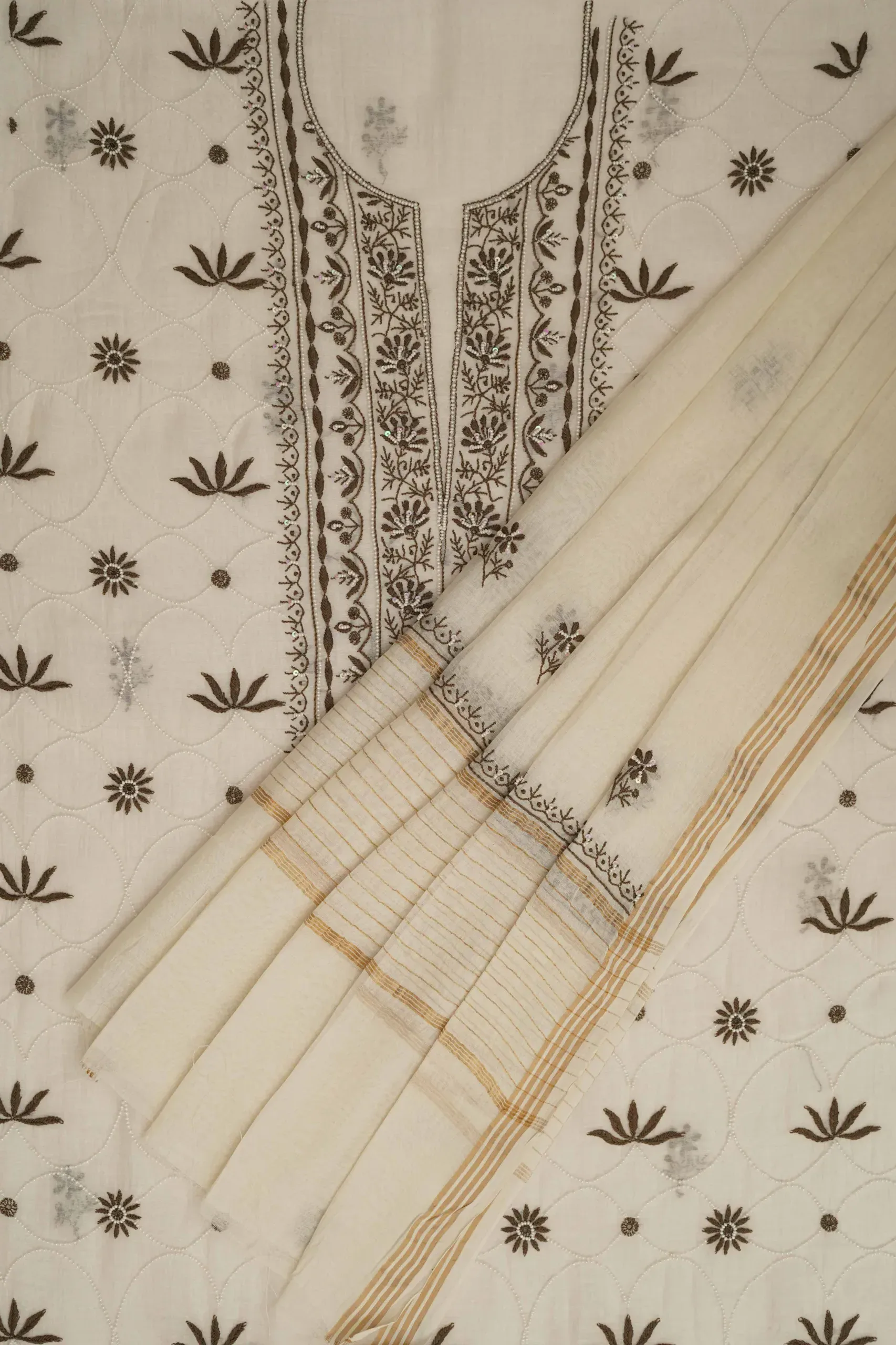 Srajann Hand Embroidered Mal Chanderi Lucknowi Chikankari Unstitched Kurta With Dupatta