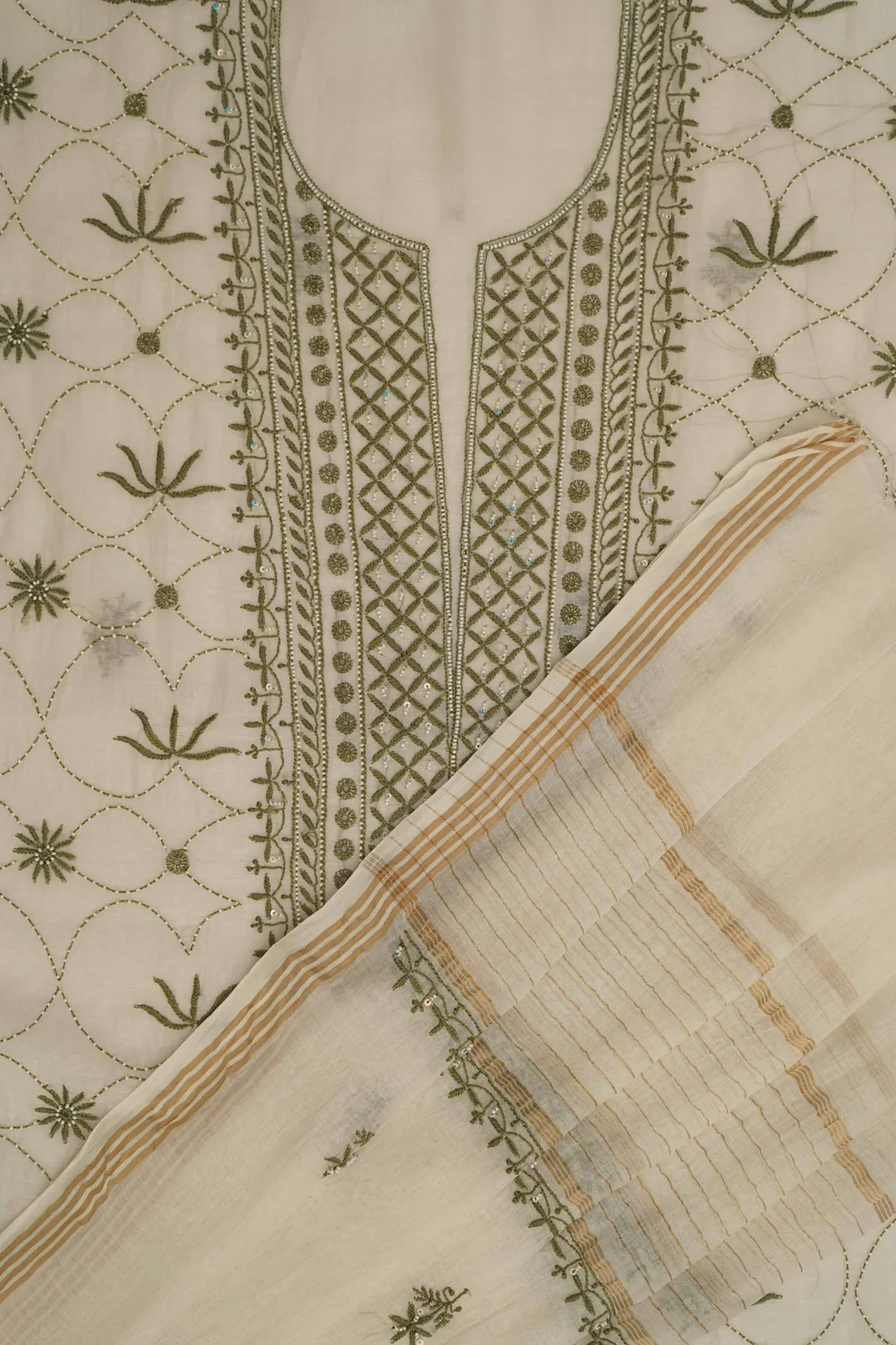 Srajann Hand Embroidered Mal Chanderi Lucknowi Chikankari Unstitched Kurta With Dupatta