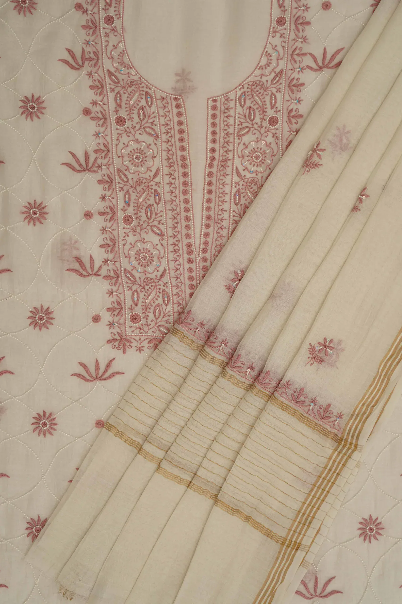 Srajann Hand Embroidered Mal Chanderi Lucknowi Chikankari Unstitched Kurta With Dupatta