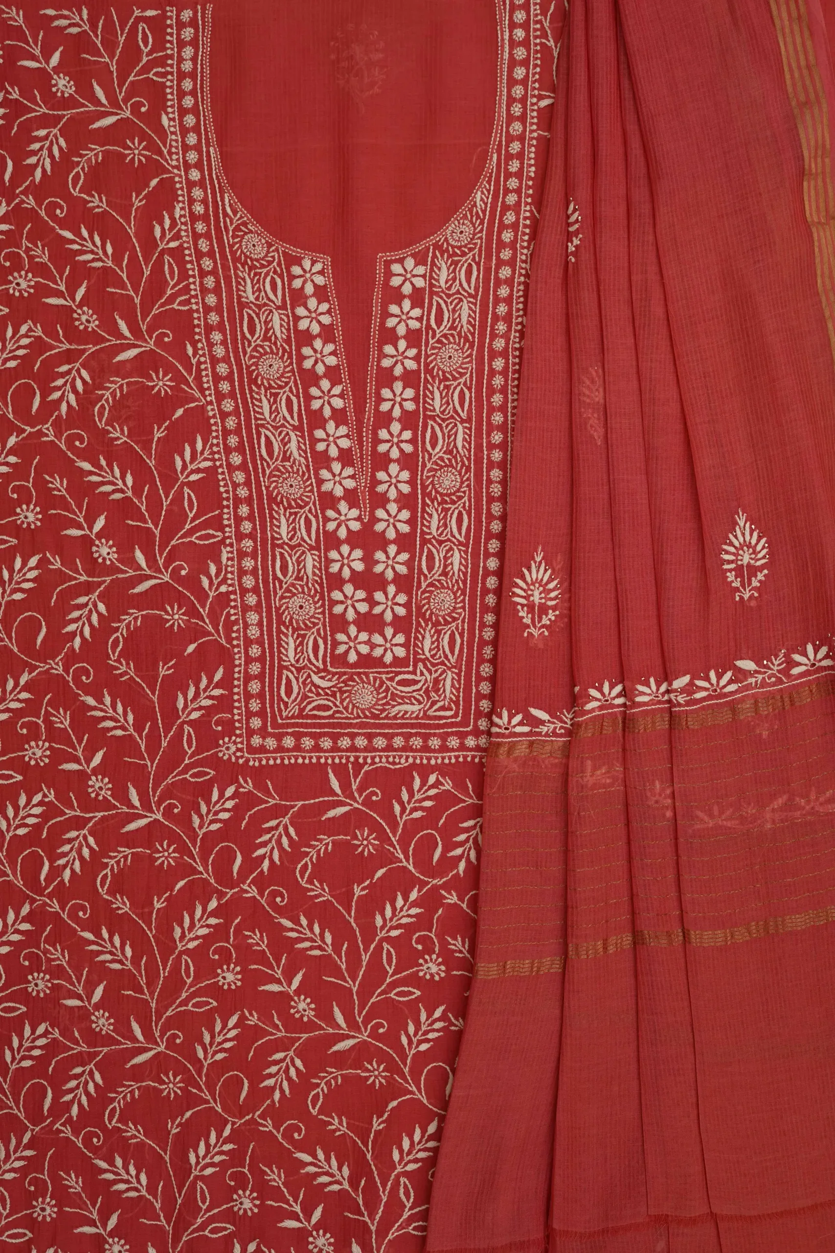 Srajann Hand Embroided Red Maheshwari Lucknowi Chikankari Unstitched Kurta Dupatta Set