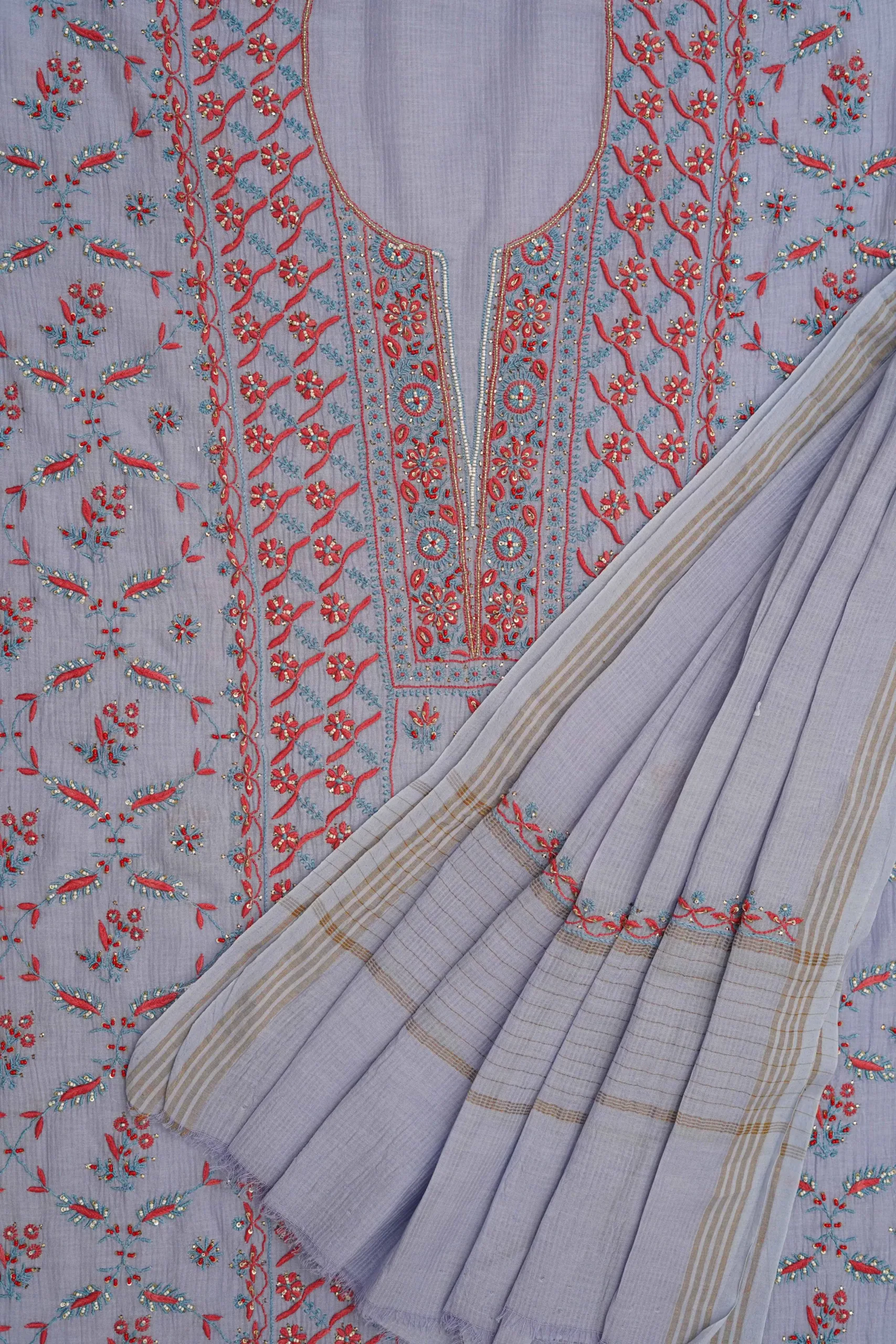 Srajann Hand Embroided Blue Maheshwari Lucknowi Chikankari Unstitched Kurta Dupatta Set