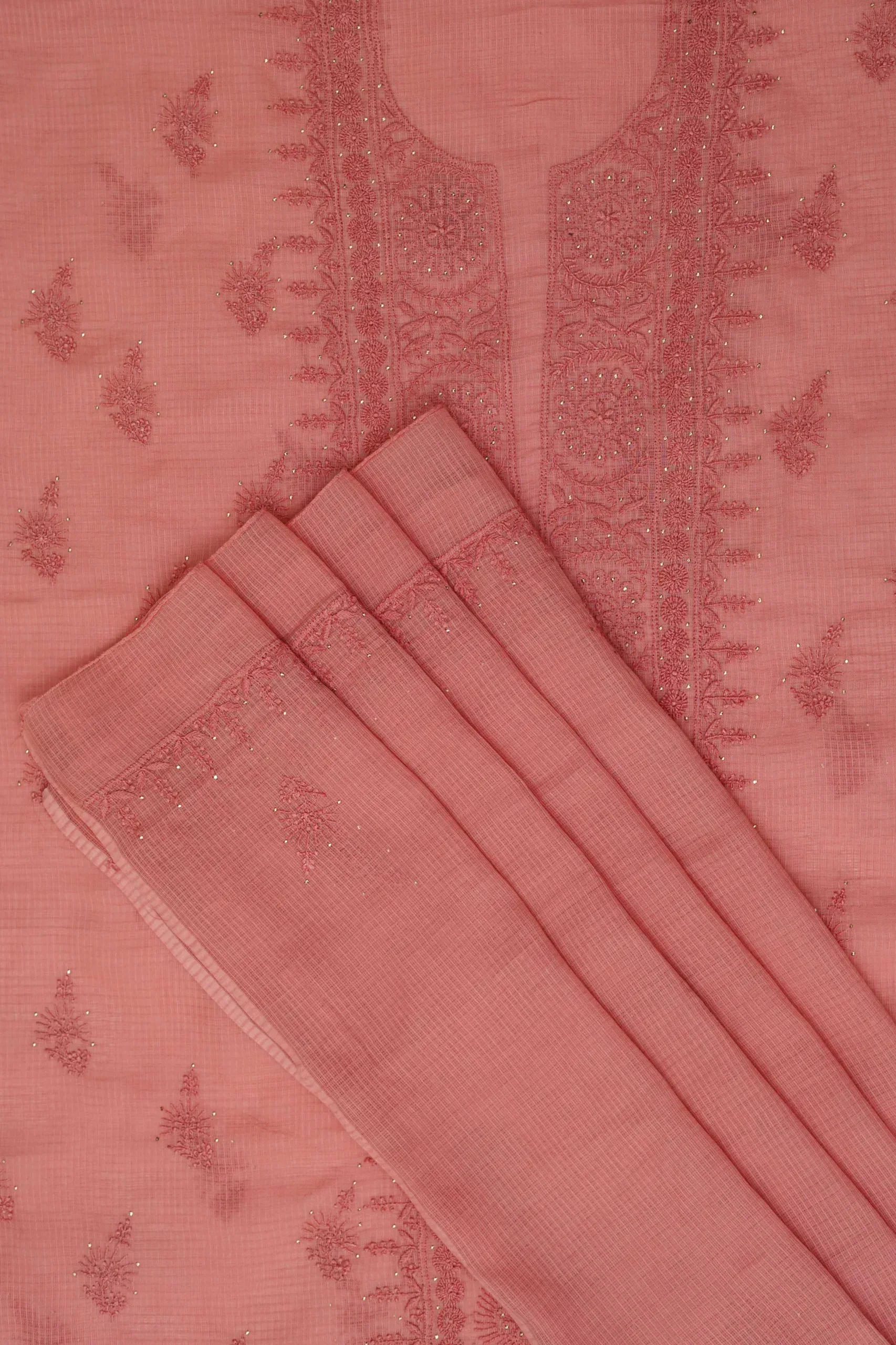 Srajann Hand Embroidered Peach Kota Lucknowi Chikankari Unstitched Kurta Dupatta Set | Elegant Indian Ethnic Wear