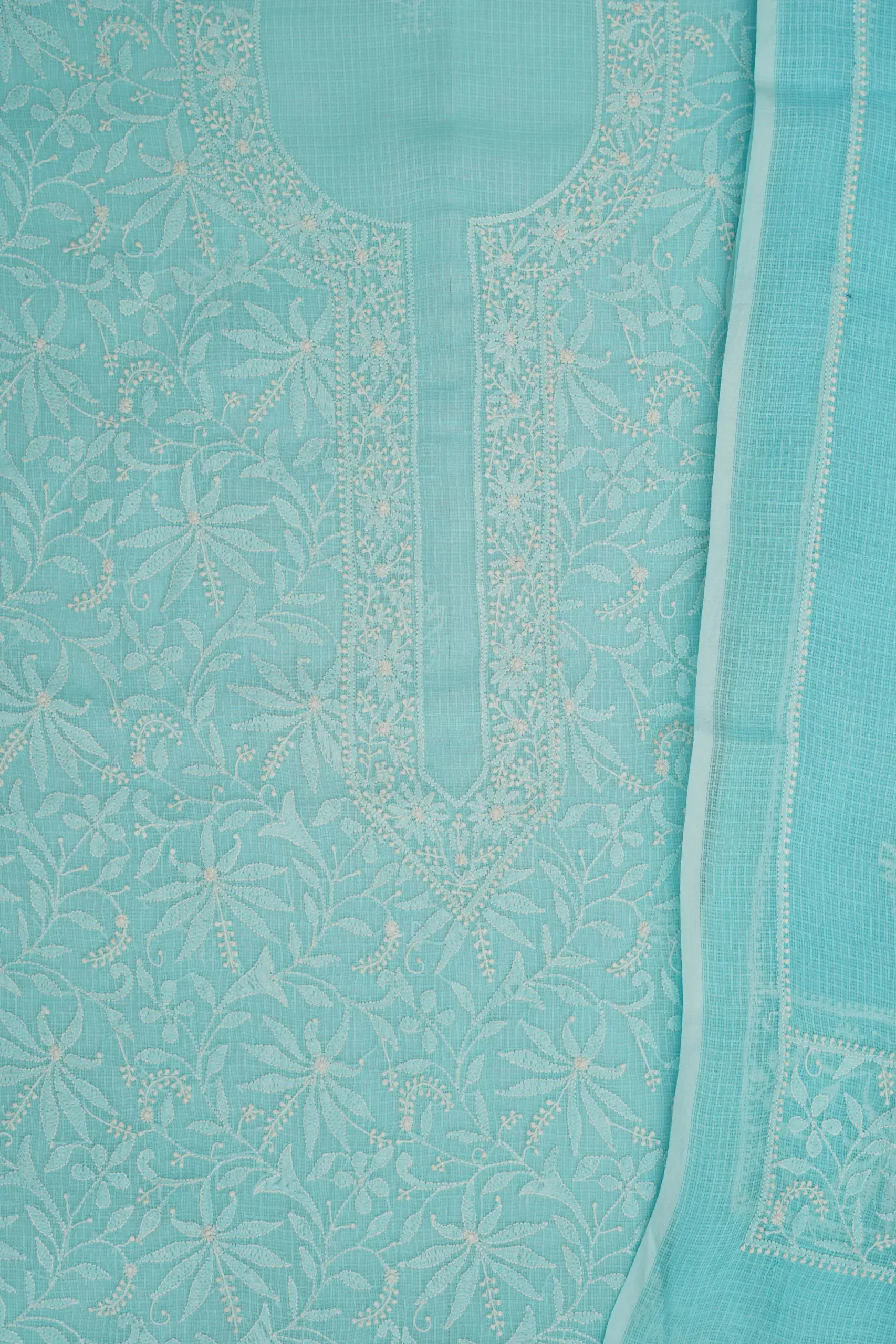 Srajann Hand Embroided Blue Kota Lucknowi Chikankari Unstitched Kurta Dupatta Set
