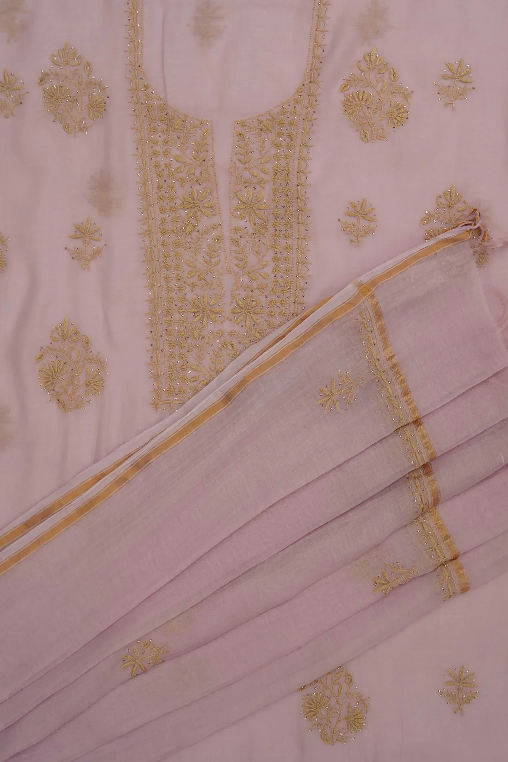 Srajann Hand Embroidered Mal Chanderi Lucknowi Chikankari Unstitched Kurta With Dupatta