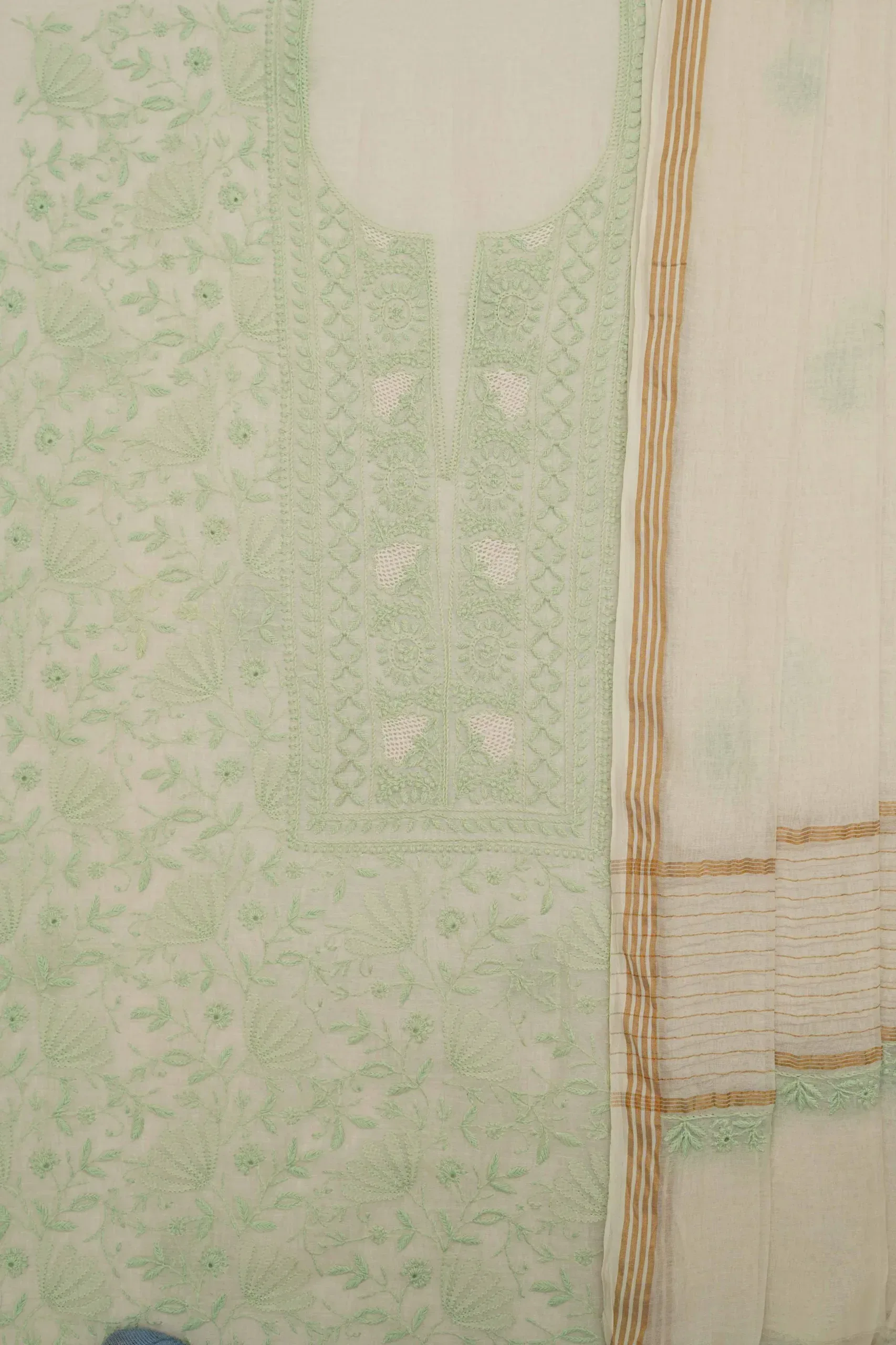 Srajann Hand Embroidered White Mul Chanderi Lucknowi Chikankari Unstitched Kurta Dupatta Set